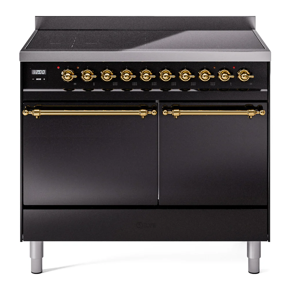 ILVE 40-Inch Nostalgie II Induction Range with Solid Door Oven in Glossy Black with Brass Trim (UPDI406QNMPBKG)