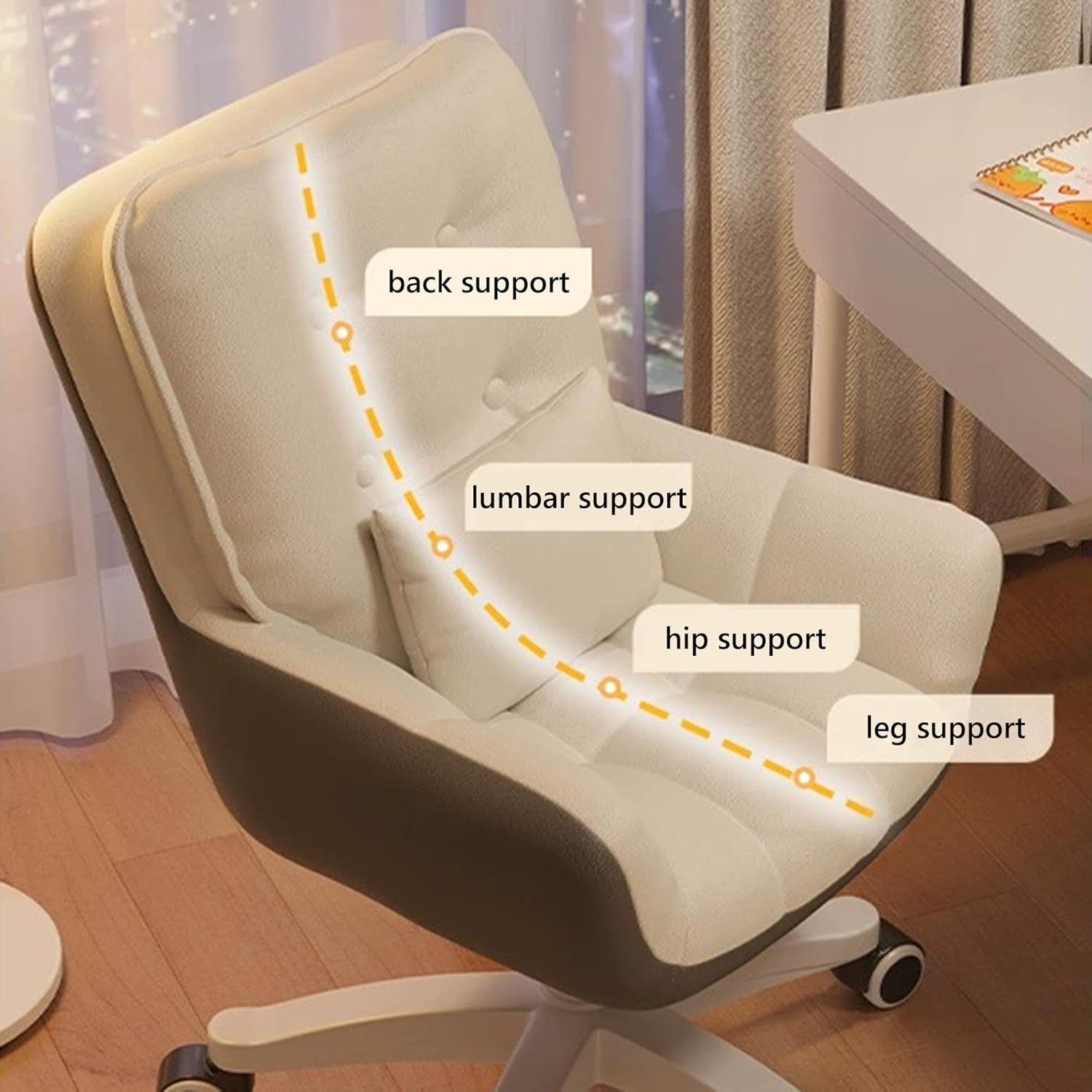 Home Office Desk Chair, Leather Ergonomic Swivel Computer Task Chair with Lumbar Support and Arms, Adjustable Height Vanity Chair, Easy to Assemble (Off-White+gray1-Height 75-85CM