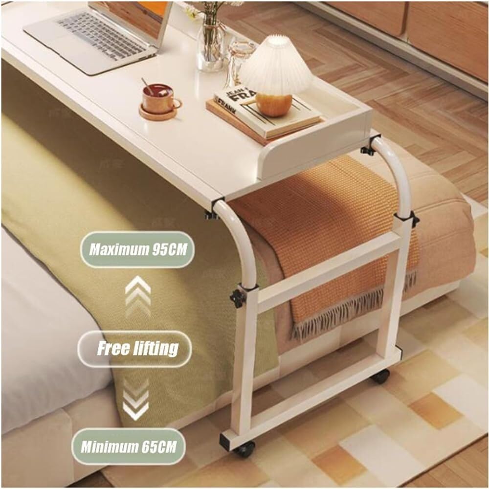 Mobile Overbed Computer Table Overbed Desk Laptop Height & Length Adjustable Over Bed Table with Wheels and Tiltable Tabletop Hospital Nursing Table