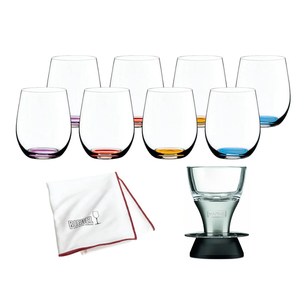 Riedel O Wine Tumbler Happy O (8-Pack) with Polishing Cloth and Wine Aerator