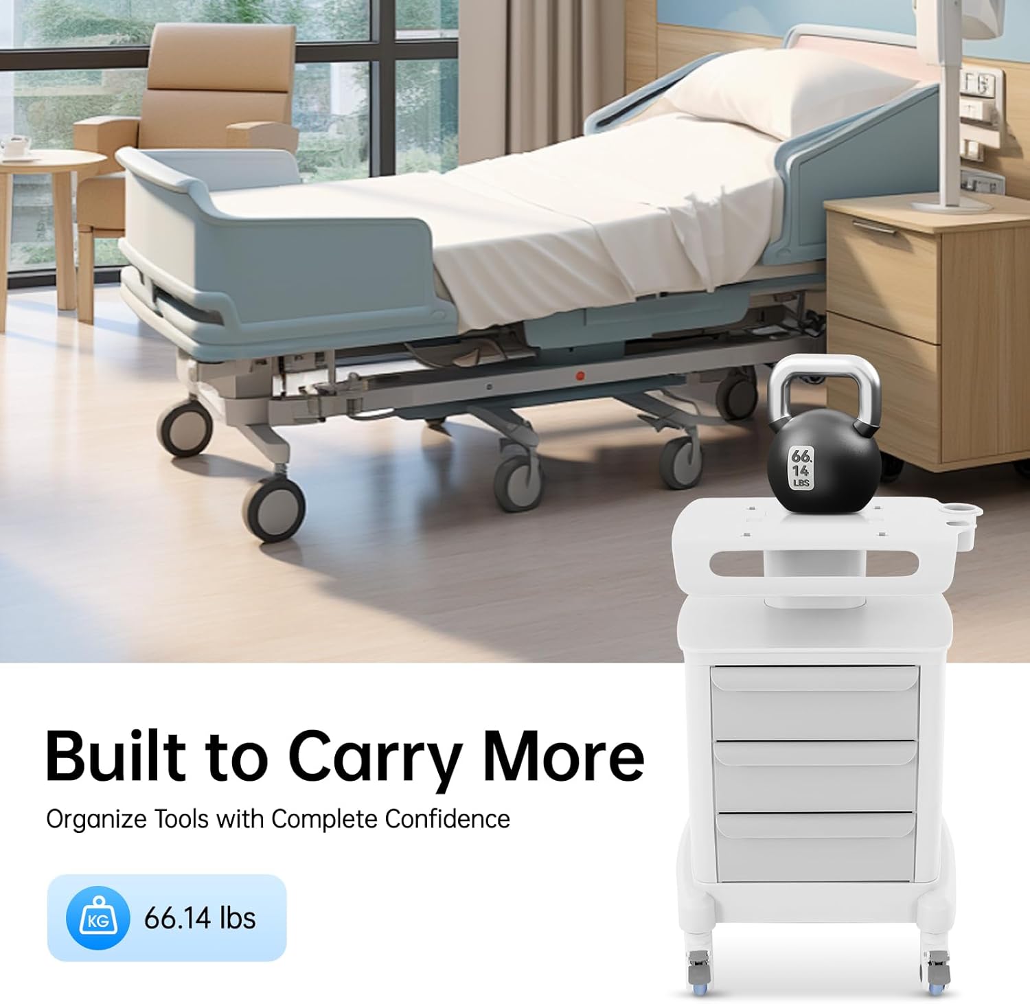 Beauty Instrument Trolley Cart, Freestanding Mobile Trolley with 4 Wheels 66lbs Storage Cart with 3 Drawers, Lab Rolling Storage Cart for Spas, Homes, Labs, Salons