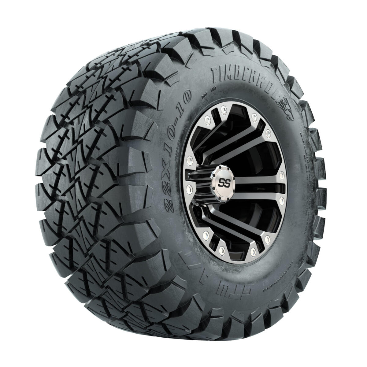 10′′ GTW Specter Black and Machined Wheels with 22′′ Timberwolf Mud Tires – Set of 4