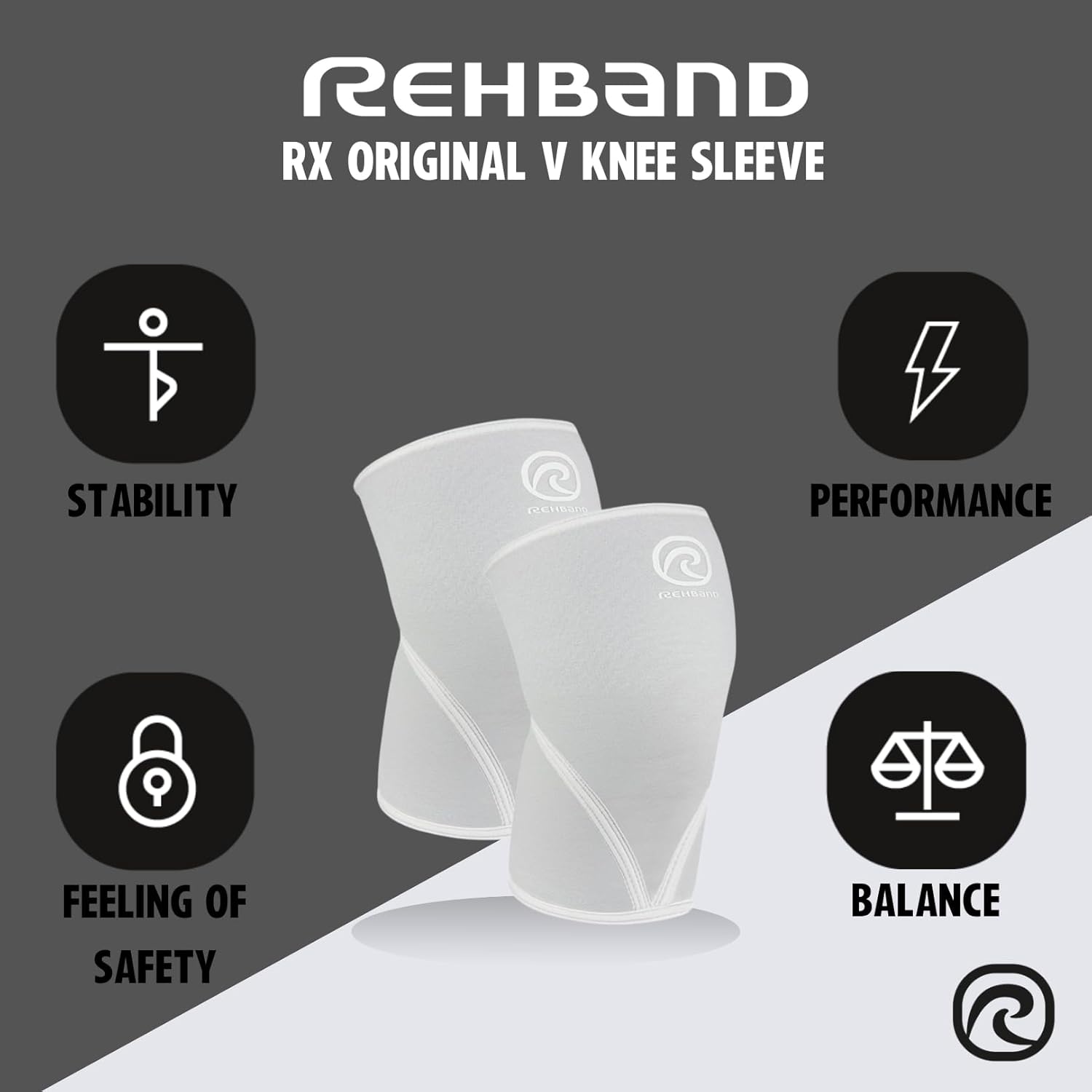 Rehband 7051 Classic 7mm V-Knee-Sleeve for Weightlifting, Competition Grade Powerlifting Knee Sleeve, Compression Sleeve for Crossfit, Squats, Gym, Colour:Arctic/White - 1 Pair, Size:Medium