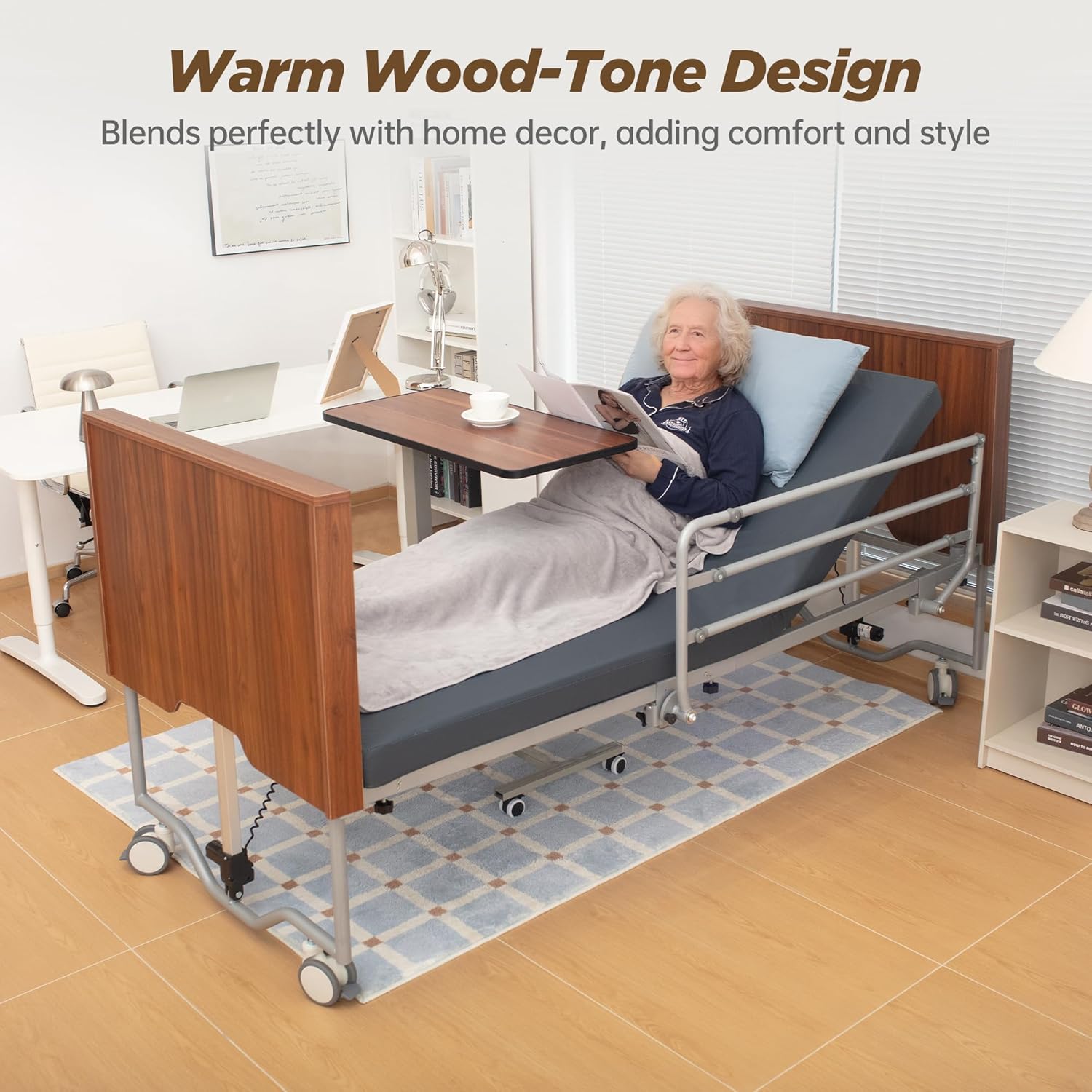 Full Electric Hospital Bed for Home Use with 5 Functions, Ultra Low Electric Medical Bed with Movable Overbed Table & Mattress, 8.5