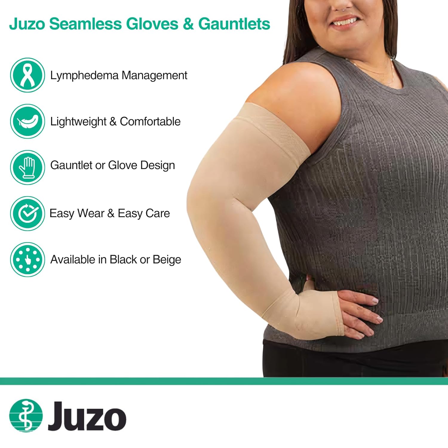 Juzo Seamless Compression Gloves & Gauntlets, 20-30 mmHg, Glove | Fingerless Gloves for Women & Men for Swelling, Moderate Edema & Lymphedema Management | Beige, Large
