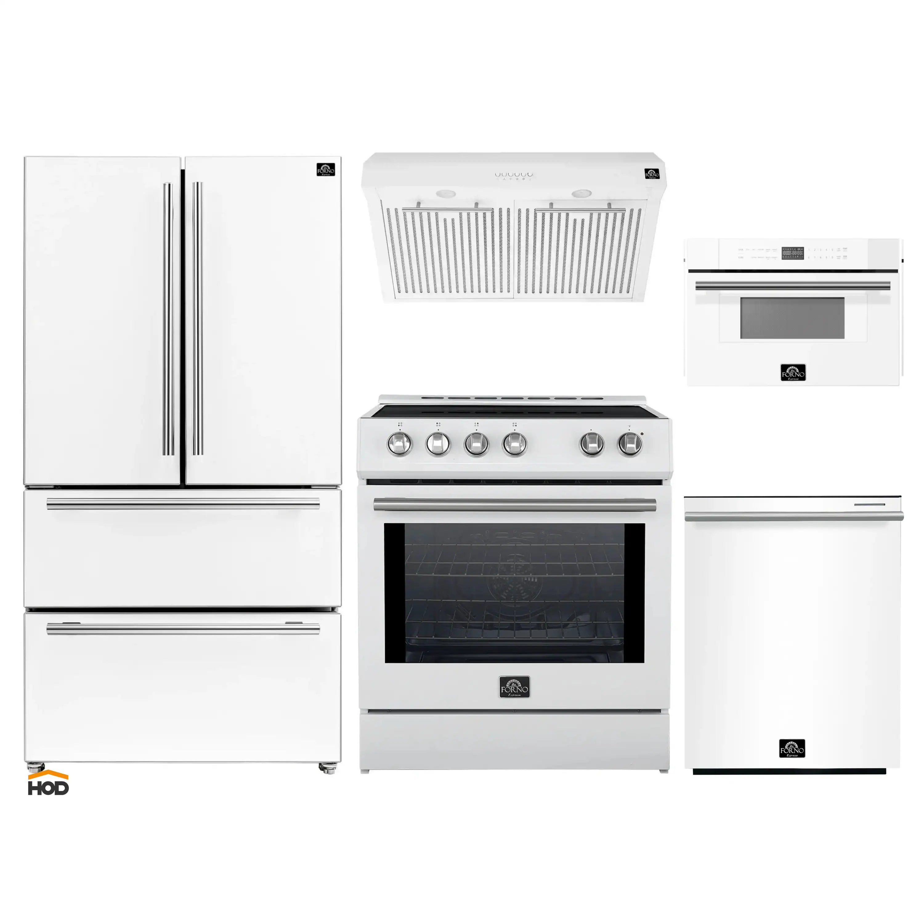 Forno 5-Piece Appliance Package - 30-Inch Induction Range, Under Cabinet Range Hood, French Door Refrigerator, Dishwasher, and 30-Inch Microwave Drawer in White with Stainless Steel Trim