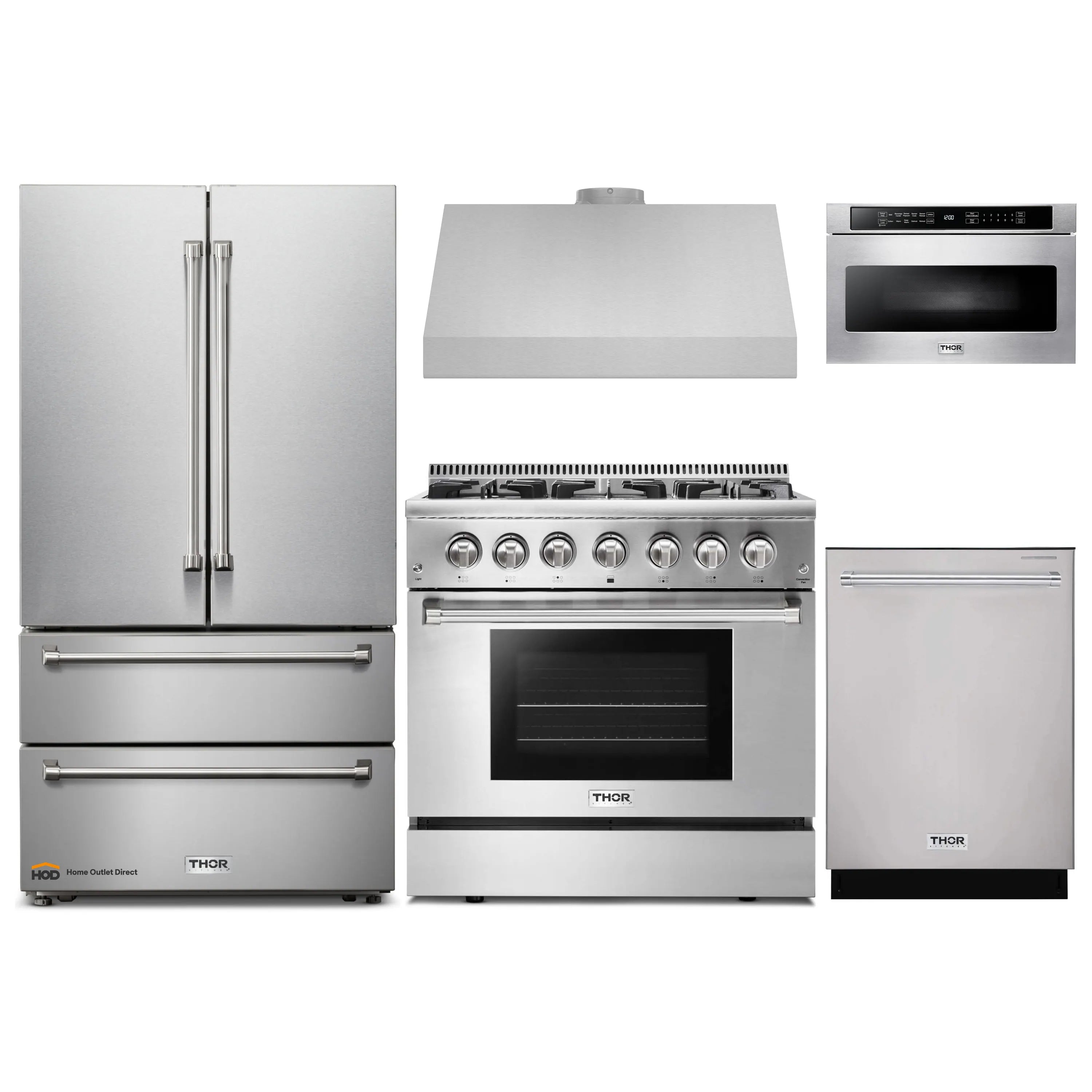 Thor Kitchen 5-Piece Pro Appliance Package - 36-Inch Dual Fuel Range, French Door Refrigerator, Under Cabinet Hood, Dishwasher, and Microwave Drawer in Stainless Steel