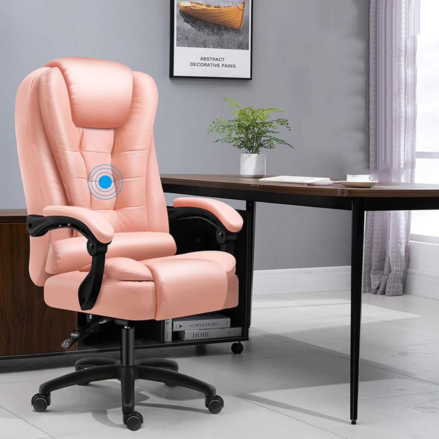 High-Back Office Chair, Brown Leather Executive Chair with Lumbar Support & Padded Armrests, Adjustable Height, 360 Swivel, Ideal for Office Use (Pink