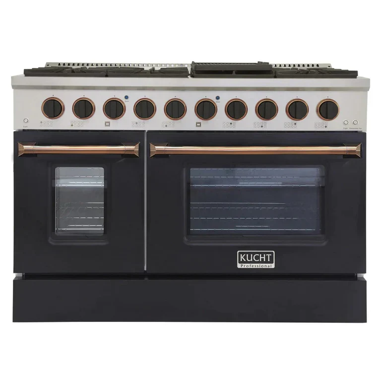 Kucht Signature 48-Inch 6.7 cu ft. Propane Gas Range with Black Door & Gold Accents (KNG481/LP-K-GOLD)
