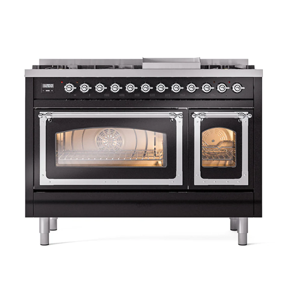 ILVE Nostalgie II Noblesse 48-Inch Dual Fuel Freestanding Range in Glossy Black with Chrome Trim (UN48FNMPBKC)
