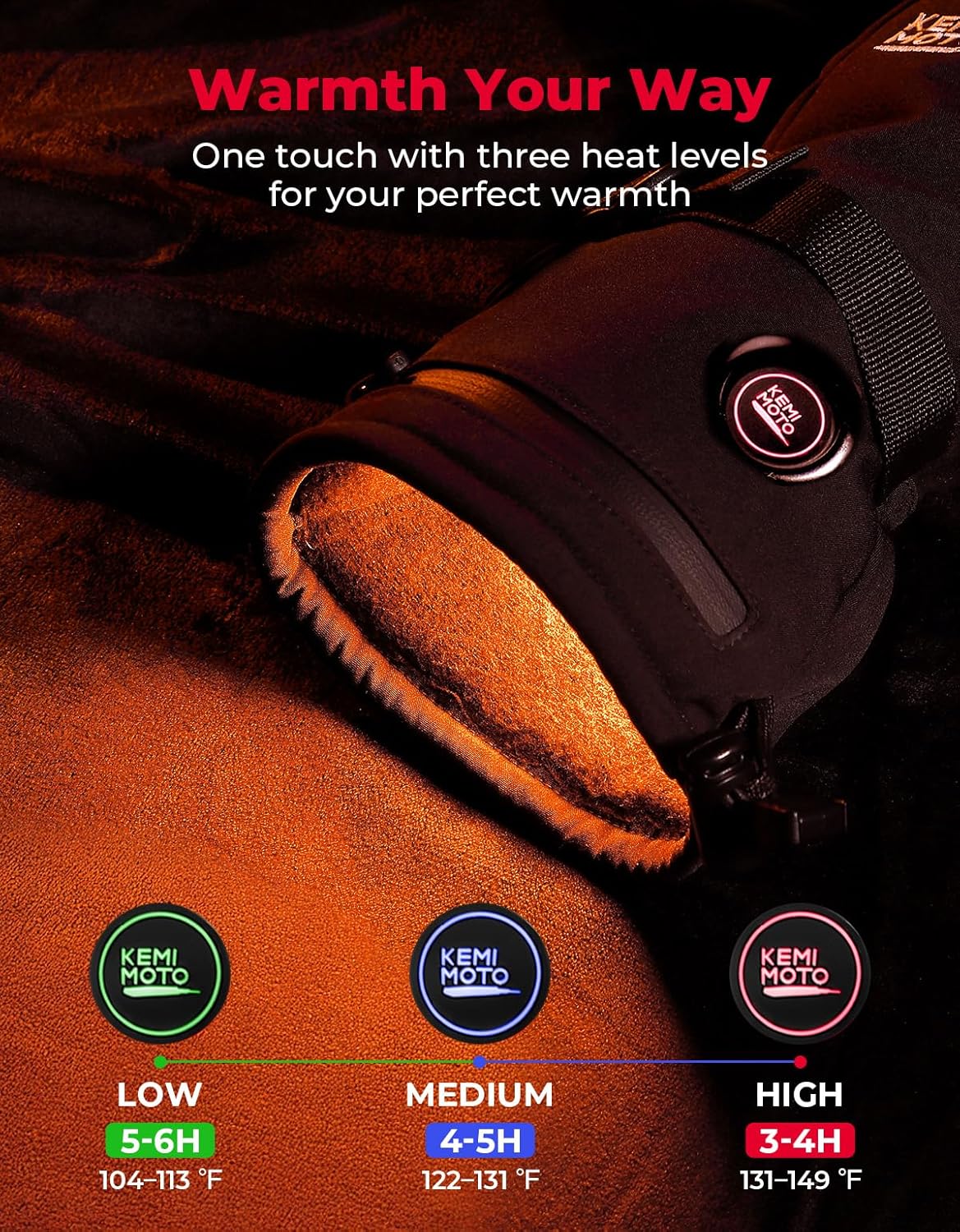 KEMIMOTO Heated Motorcycle Gloves for Men and Women 7.4V 2500mAh, Touchscreen, Waterproof,Ski Gloves with Rechargeable Battery for Winter Outdoor Work, Skiing, Snowmobile