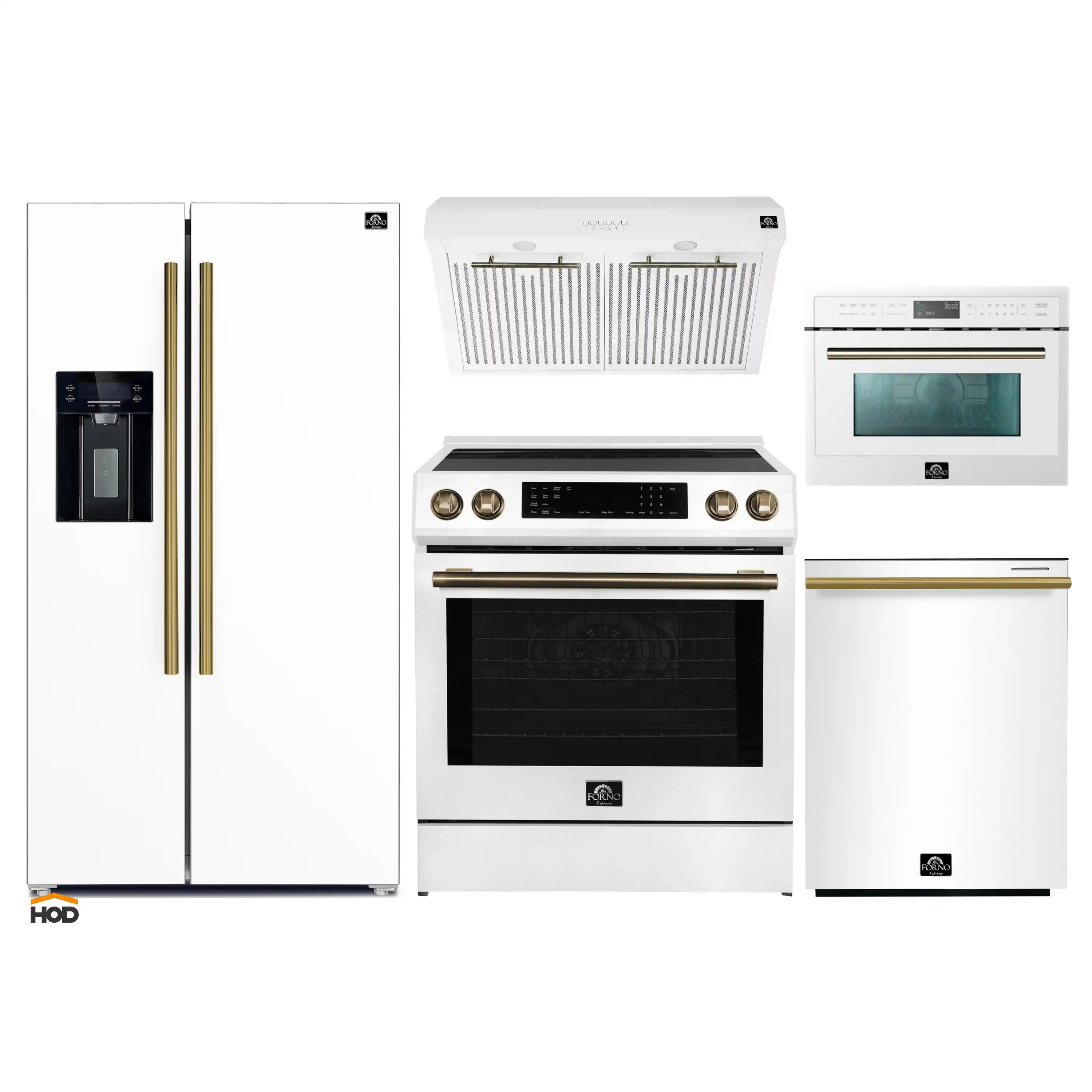 Forno 5-Piece Appliance Package - 30-Inch Inducton Range, Under Cabinet Range Hood, Refrigerator with Water Dispenser, Dishwasher, and 24-Inch Microwave Oven in White with Antique Brass Trim