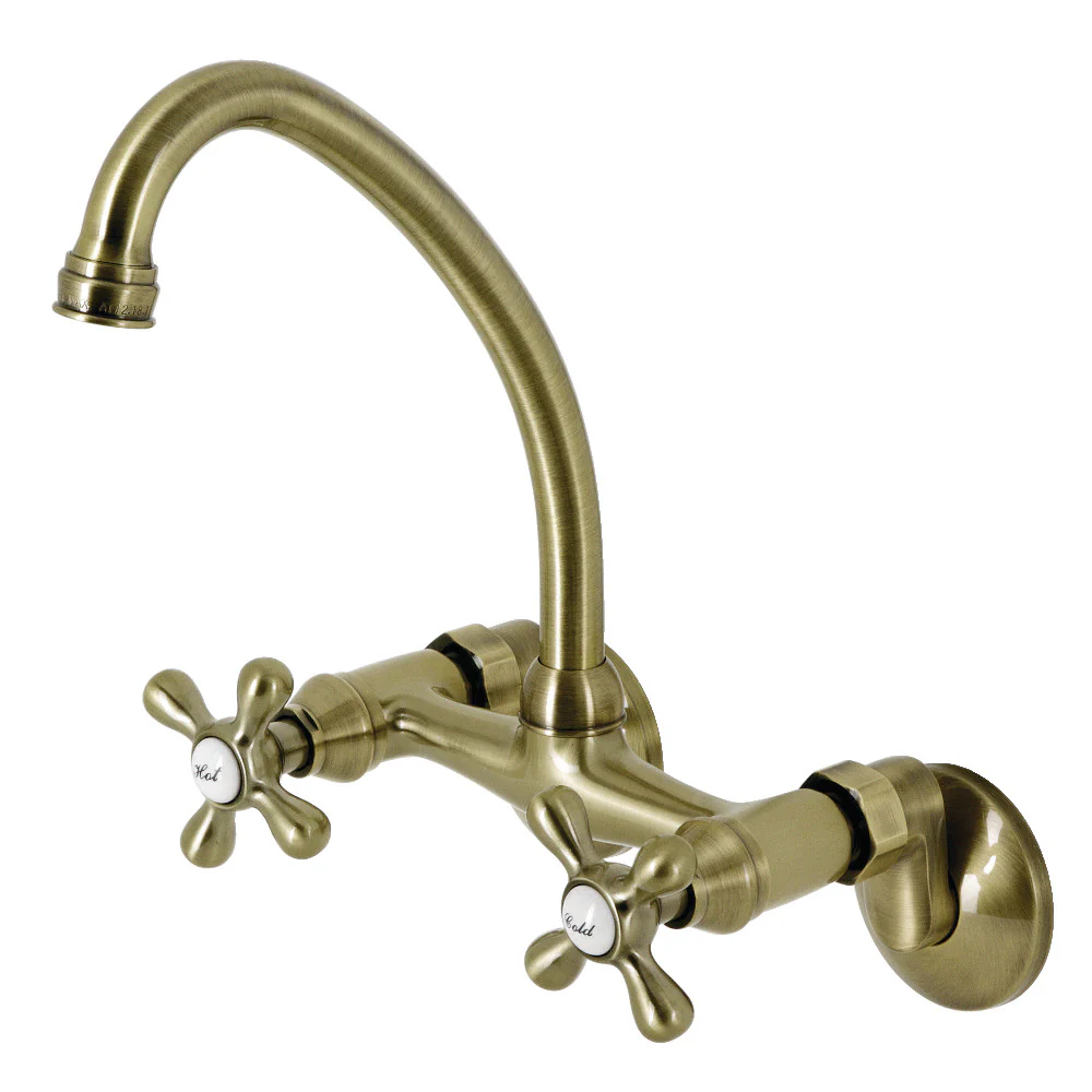 Kingston Brass Kingston Double-Handle Wall-Mount Bridge Kitchen Faucet, Antique Brass (KS214AB)