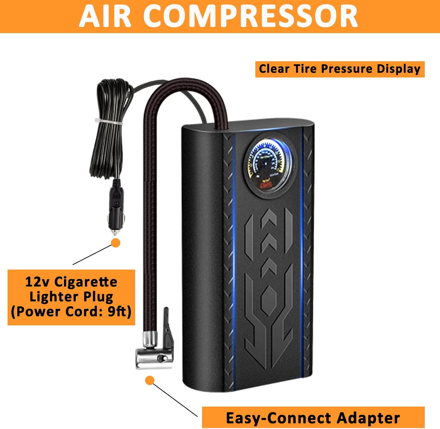 AUTODECO 98 PCS Roadside Car Emergency Assistance Kit with Portable Air Compressor Jumper Cables Safety Hammer All in One Pliers Tool Set（Orange）