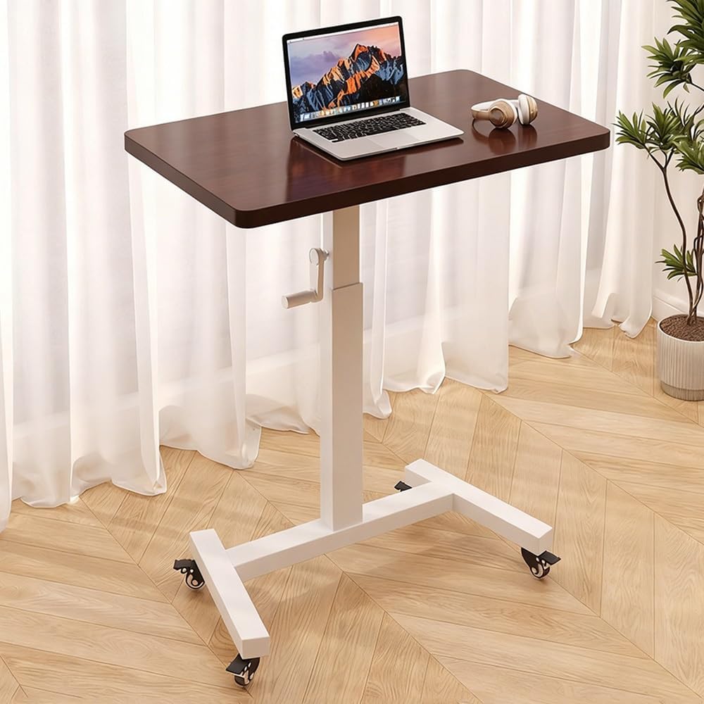 Laptop Desk Mobile Overbed Table with Wheels Bed Table Adjustable Height 74cm-102cm Standing Desk for Bed Sofa Bedside Tables(Walnut Color+White Frame,80x40cm)