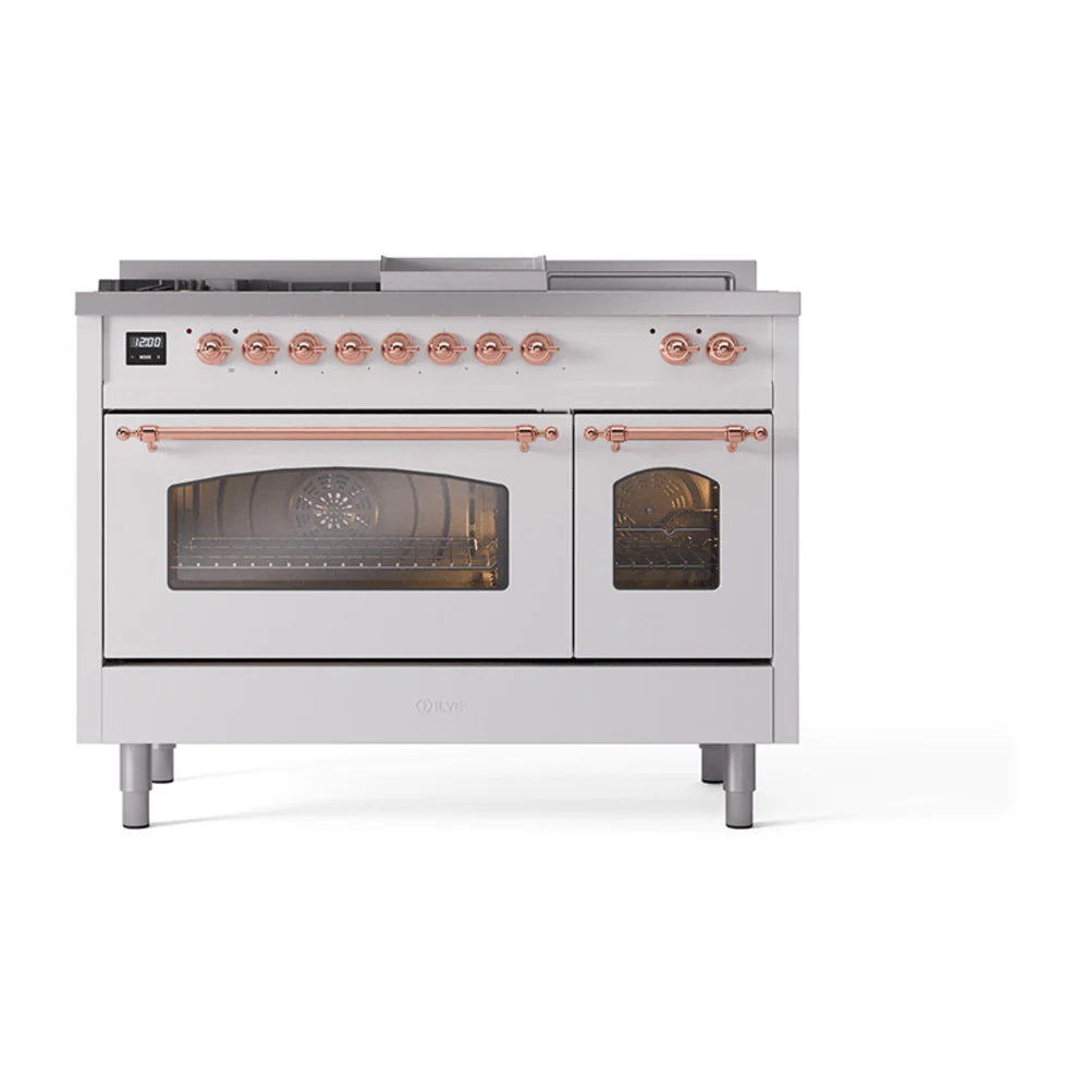 ILVE Nostalgie II 48-Inch Dual Fuel Range with 5 Burners, Griddle, & French Top with Triple Glass Door Oven in White with Copper Trim (UP48FSNMPWHP)
