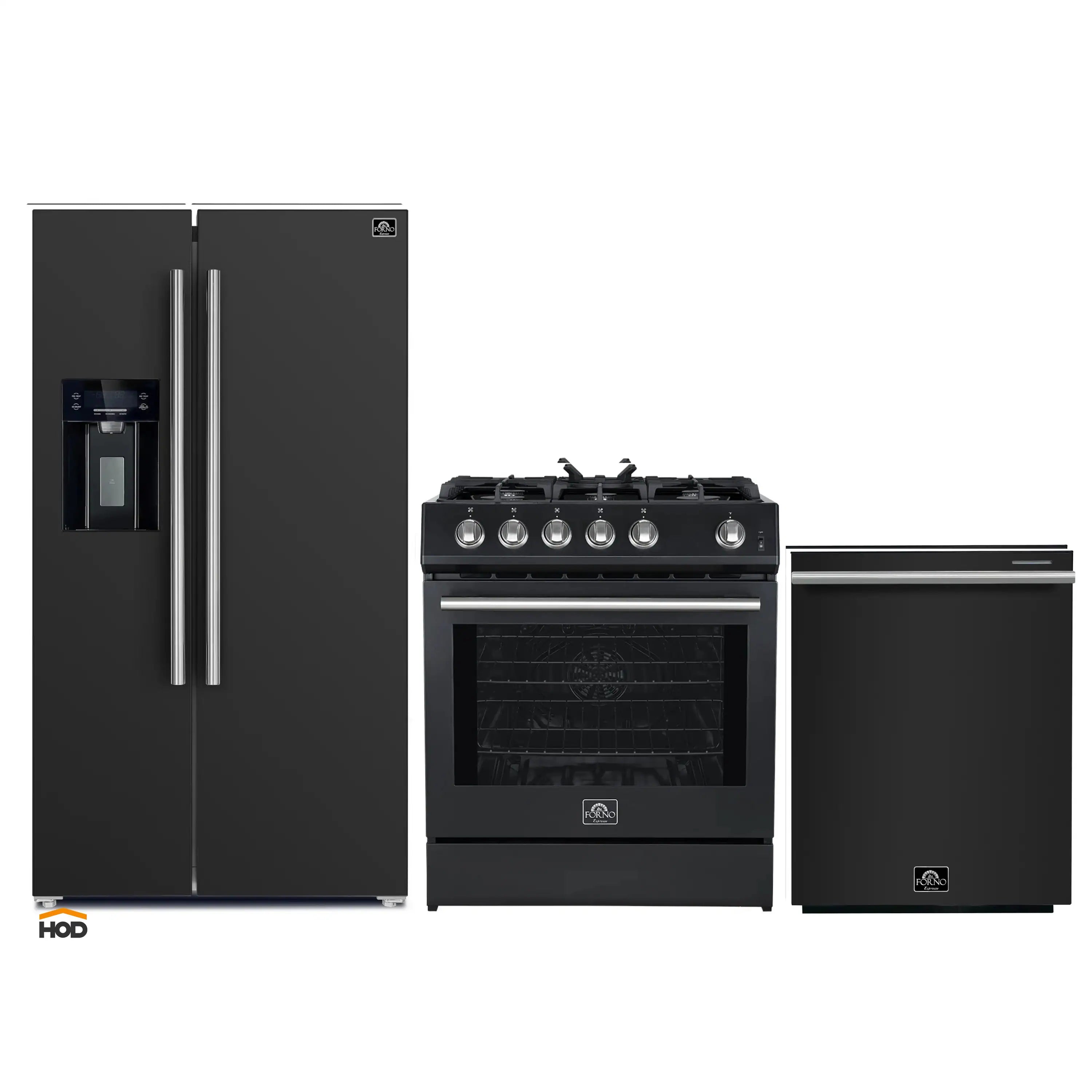 Forno 3-Piece Appliance Package - 30-Inch Gas Range, Refrigerator with Water Dispenser, and Dishwasher in Black with Stainless Steel Trim