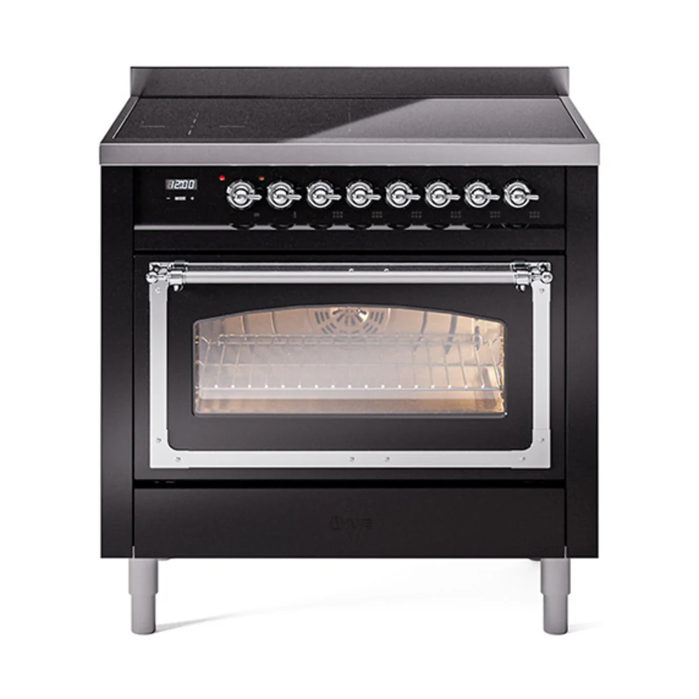 ILVE Nostalgie II Noblesse 36-Inch Induction Range with Triple Glass Door in Glossy Black with Chrome Trim (UNI366NMPBKC)