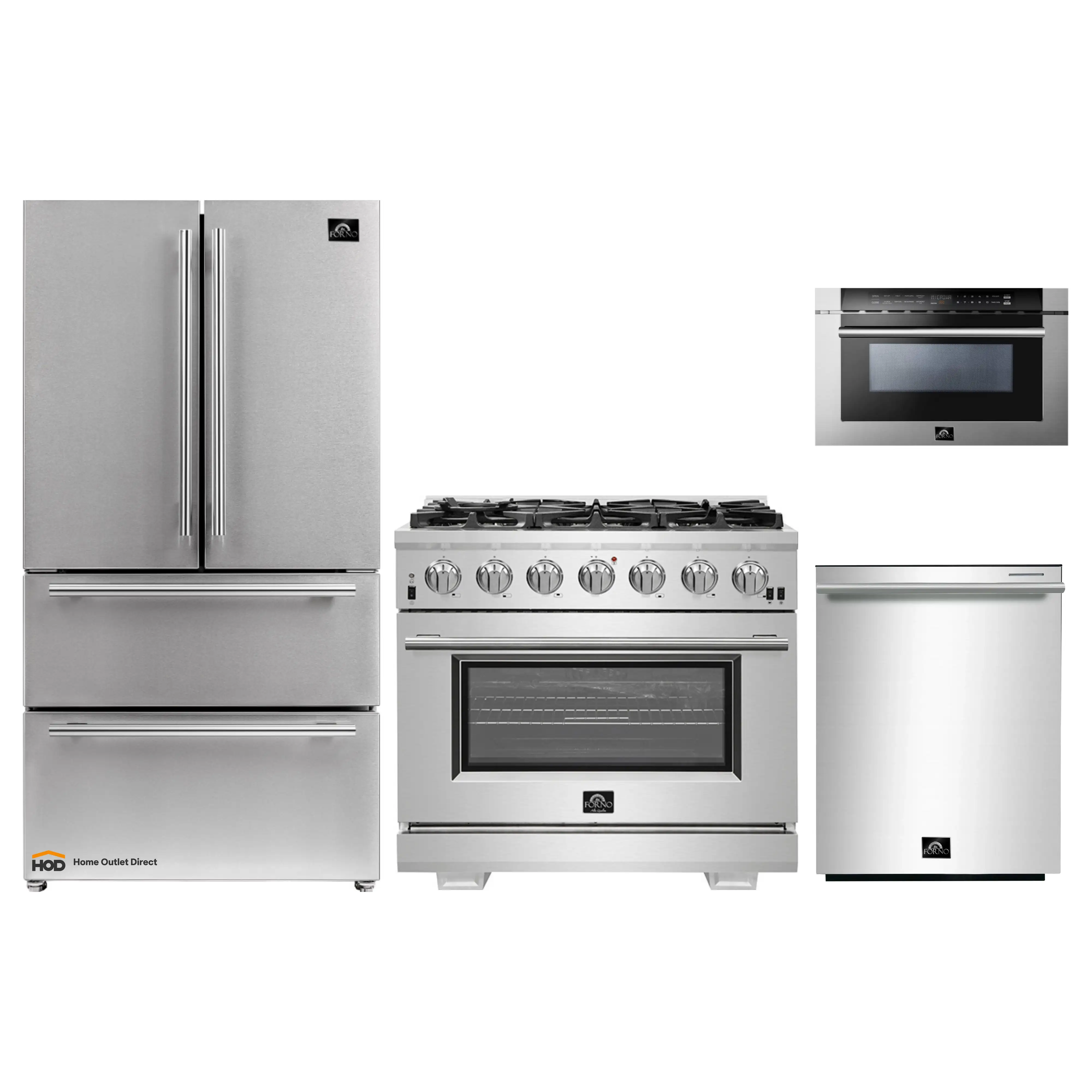 Forno 4-Piece Pro Appliance Package - 36-Inch Gas Range, Refrigerator, 24-Inch Microwave Drawer, & 3-Rack Dishwasher in Stainless Steel