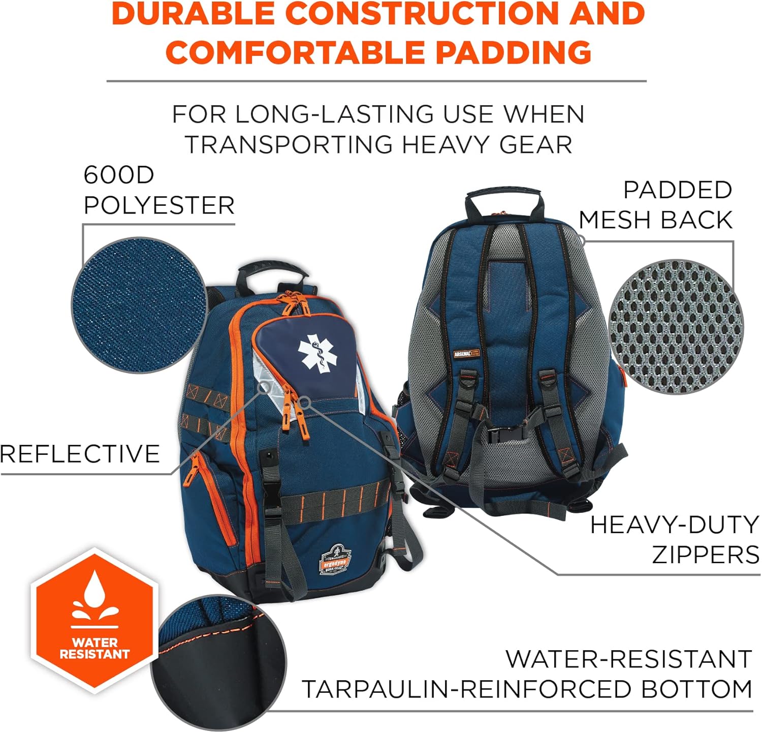Ergodyne Arsenal 5244 Responder Backpack, with Class A First Aid Kit Supplies Included, Orange