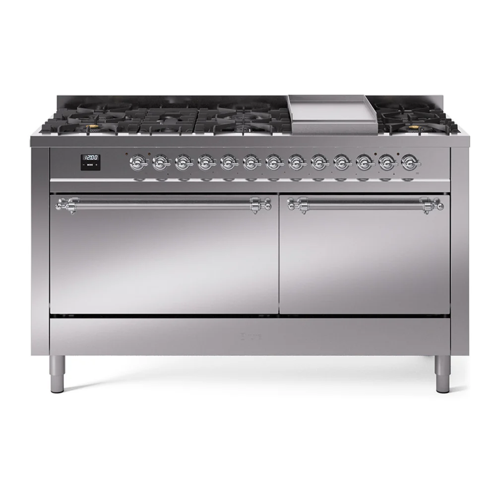 ILVE 60-Inch Nostalgie II Dual Fuel Range with 9 Burners, Griddle, and Solid Door Oven in Stainless Steel with Chrome Trim (UP60FQNMPSSC)