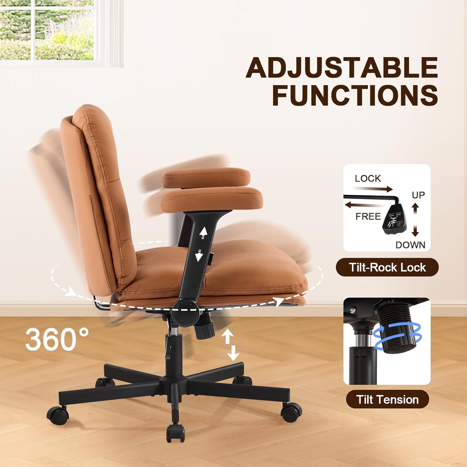 Furniliving Criss Cross Office Chair with Wheels and Flip-up Arms, Luxury Cat Scratch PU Leather Vanity Desk Chair, Upholstered Wide Cross Legged Chair for Home Office, Bedroom, Brown