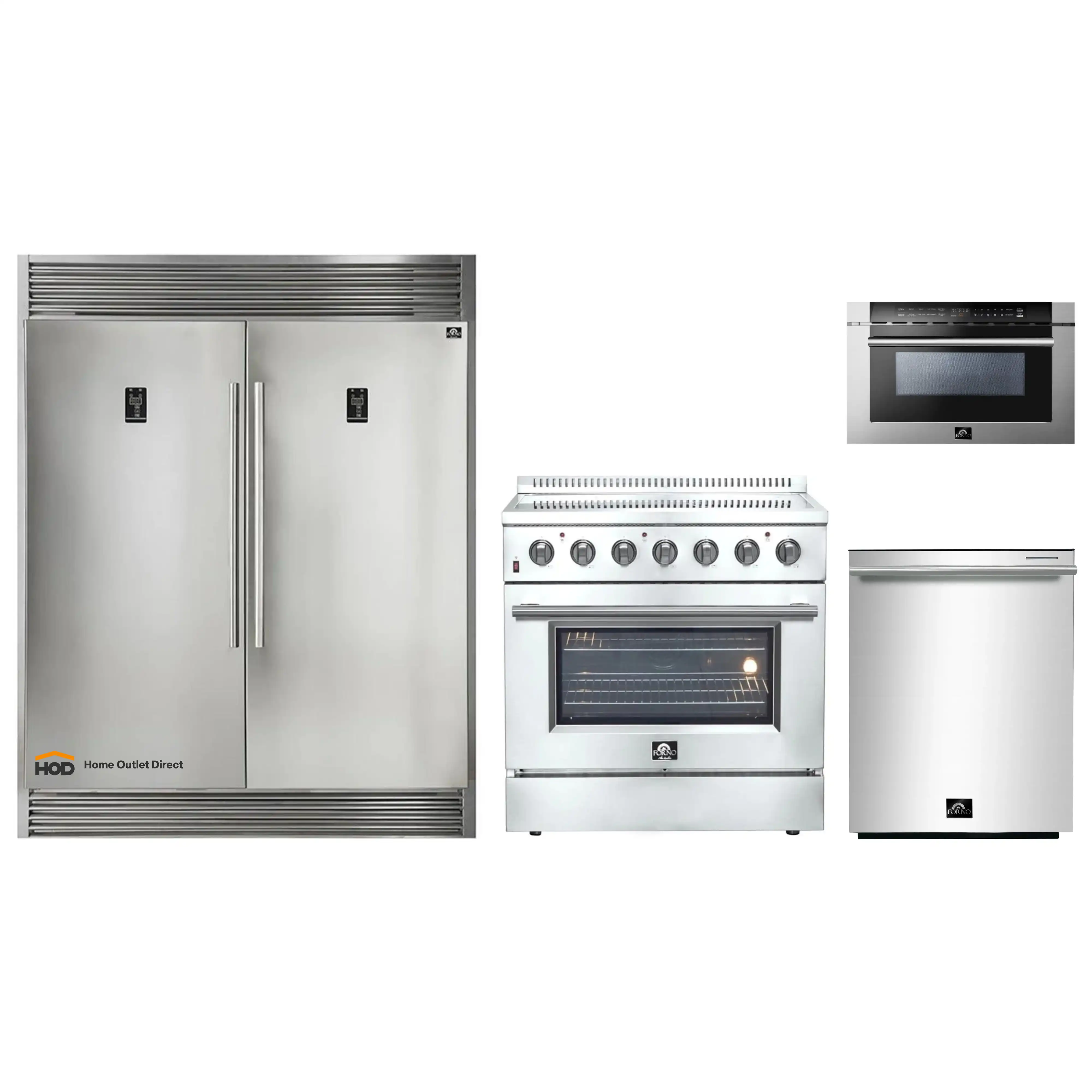 Forno 4-Piece Appliance Package - 36-Inch Electric Range, Pro-Style Refrigerator, Dishwasher, and 24-Inch Microwave Drawer in Stainless Steel