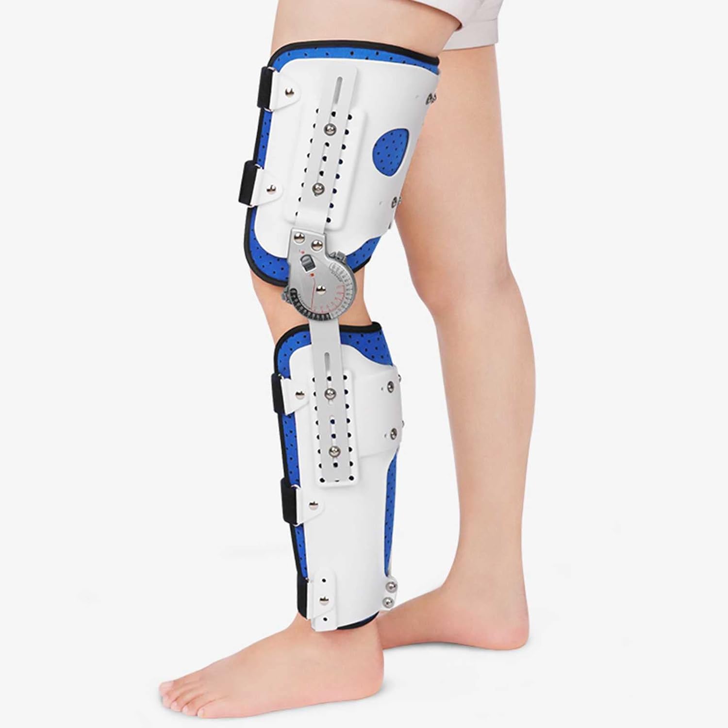 Hinged Knee Support Brace Full Support Adjustable Knee Joint Fixed Brace Hinge Splint Breathable Left and Right Leg Universal Lower Limb Brace for Postoperative Fixation,Blue-One Size