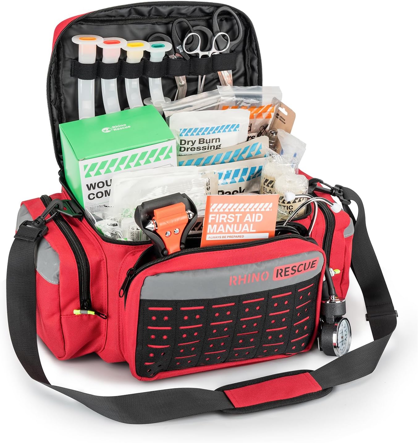 RHINO RESCUE First Responder First Aid Kit Fully-Stocked EMT Bag, Professional EMT/EMS Trauma Medical Kit, Molle System & Reflective Stripe, 300+ First Aid Supplies, Suits for Business, Home (Red)