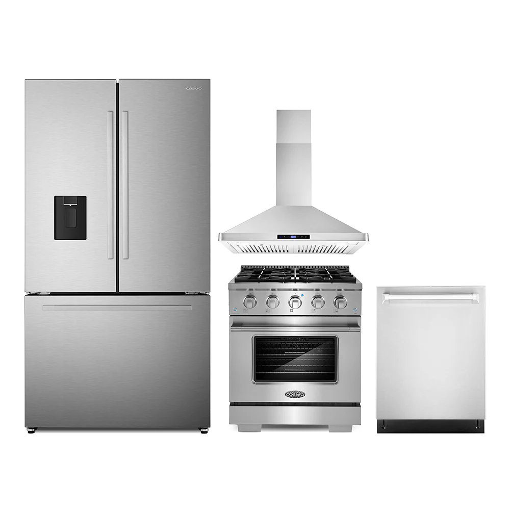 Cosmo 4-Piece Appliance Package - 30-Inch Gas Range, Wall Mount Range Hood, Dishwasher and Refrigerator with Water Dispenser in Stainless Steel (COS-4PKG-655)