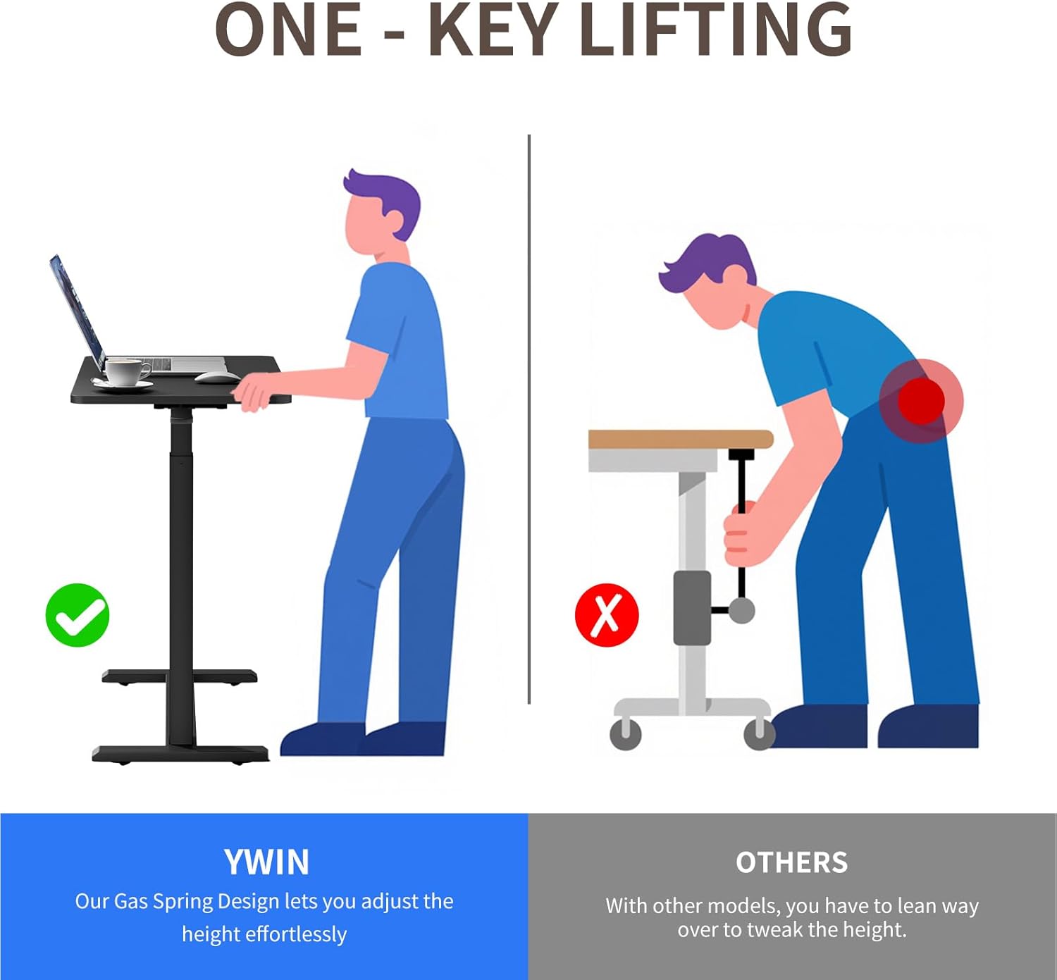 Ywin Medical Adjustable Overbed Bedside Table with Wheels, Rolling Standing Desk, Pneumatic Small Side Bed Table with Tray for Couch, Hospital, Home,Office Use (Black)