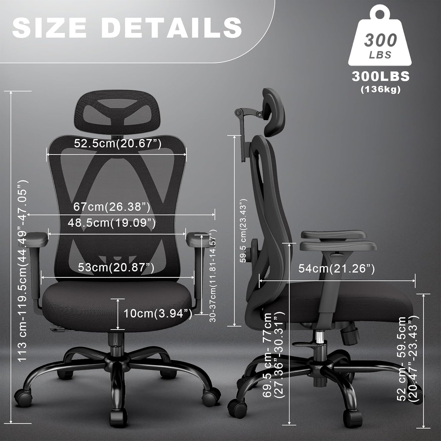Ergonomic Office Chair with Adjustable Lumbar Support, High Back Mesh Computer Desk Chairs with 3D Headrest and Armrest, 360° Swivel Wheels and Rocking Function, for Home, Office, Black