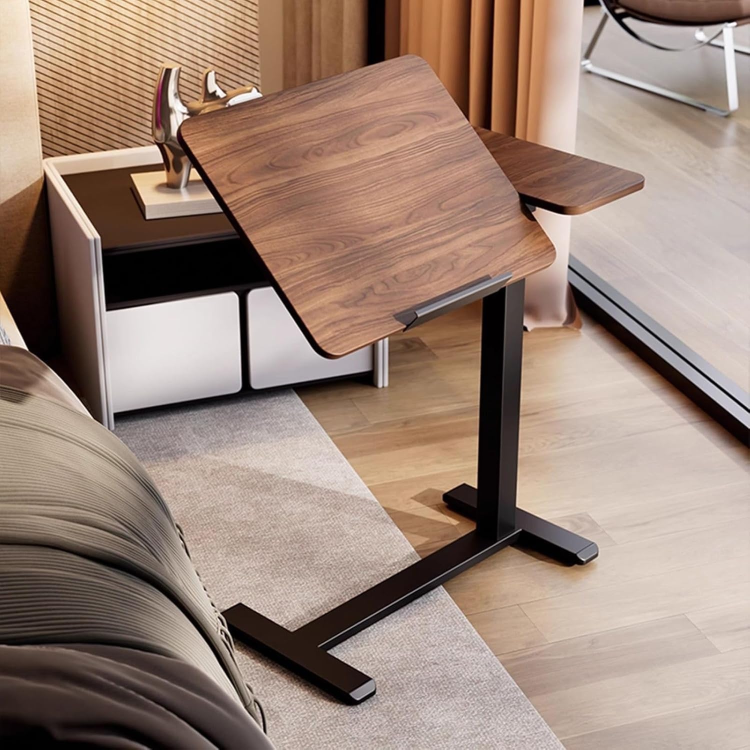 ELQ Adjustable Over Bed Table with Hidden Casters, Tiltable Hospital Bed Table with Wheels, Rolling Laptop Desk for Home, Office, Study, Walnut（27.6