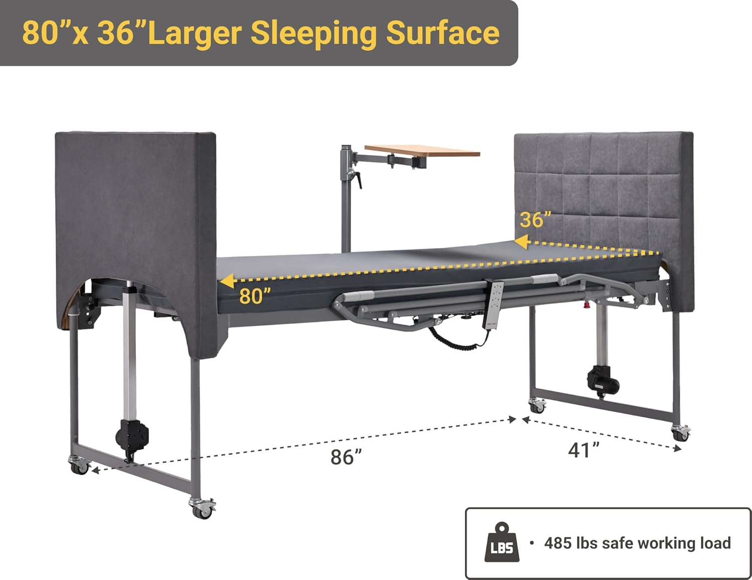 Electric Hospital Bed with Medical Mattress, Overbed Table & Rails - Advanced German Technology - 5 Functions with 8.5”-25” Adjustable Height for Home Use
