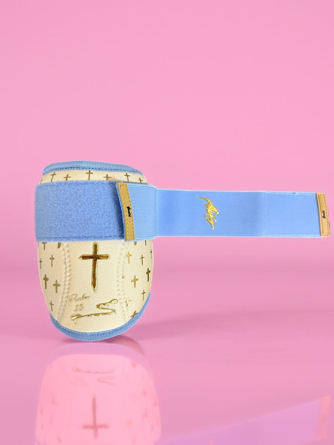 Goat’d Blessings Elbow Guard – Triple-Layer Protection, Baby Blue with Gold Crosses, Secure Fit, Standard & Youth Sizes