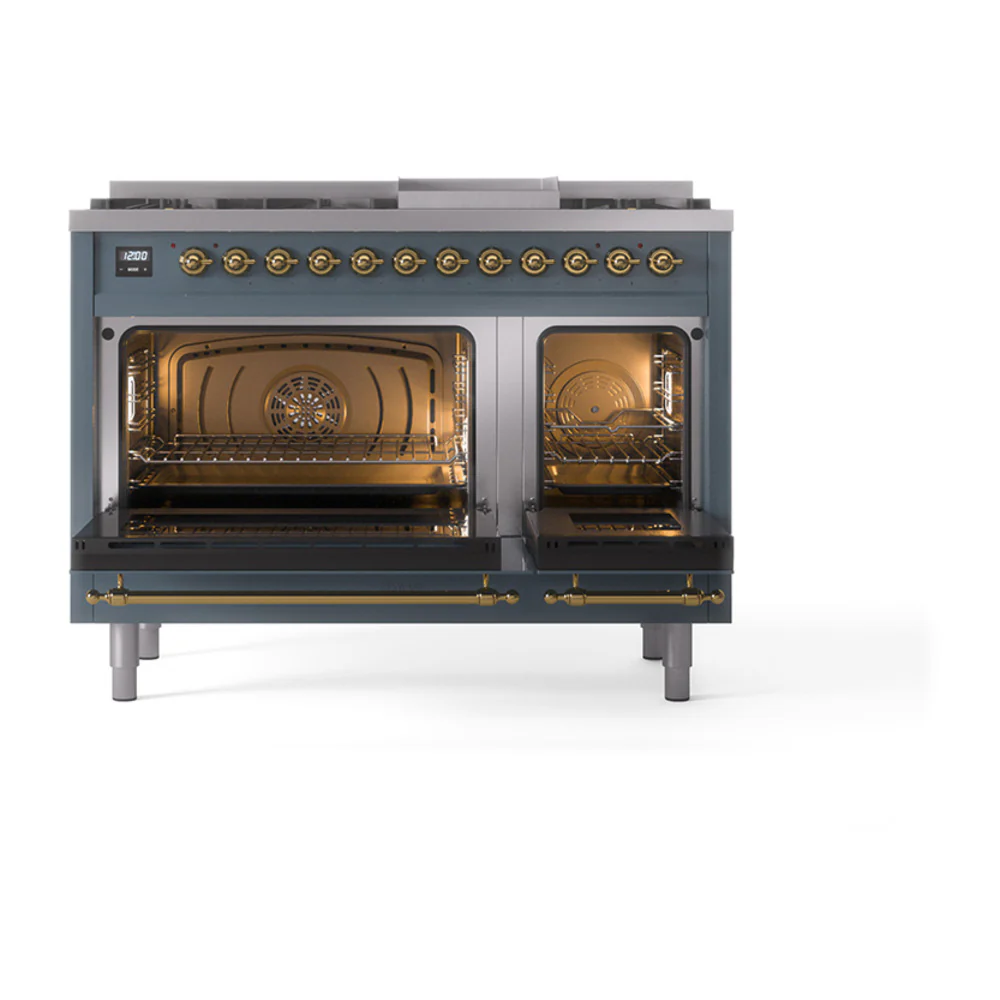 ILVE 48-Inch Nostalgie II Dual Fuel Range with 8 Burners, Griddle, and Solid Door Oven in Blue Grey with Brass Trim (UP48FQNMPBGG)