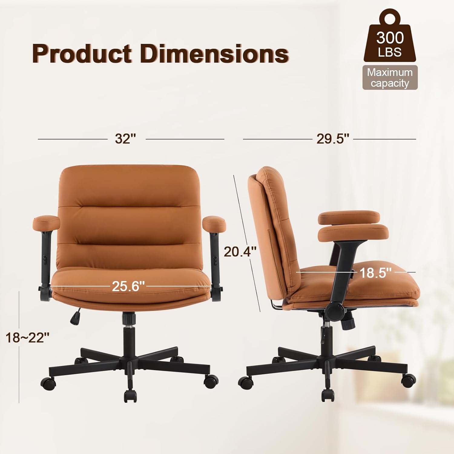 Furniliving Criss Cross Office Chair with Wheels and Flip-up Arms, Luxury Cat Scratch PU Leather Vanity Desk Chair, Upholstered Wide Cross Legged Chair for Home Office, Bedroom, Brown