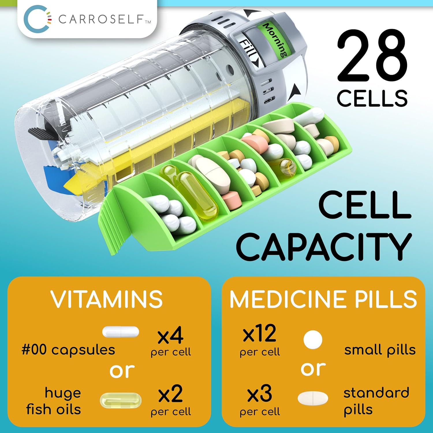 Complete Pill Dispenser System with to-Go Box, Pill Cutter & Extra Cartridges – Weekly AM/PM Pill Organizer for 4 Daily Doses, Travel Pill Case & Medication Organizer for Home and On-The-Go
