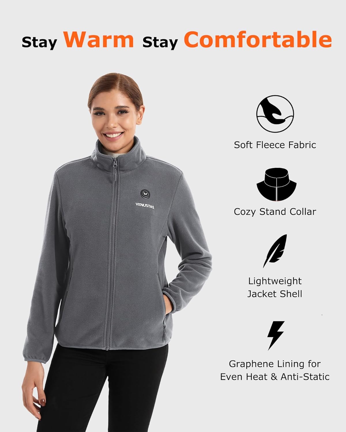 Venustas Women's Fleece Heated Jacket with Battery Pack, Soft Lightweight Heating Coat for Outdoor Activities