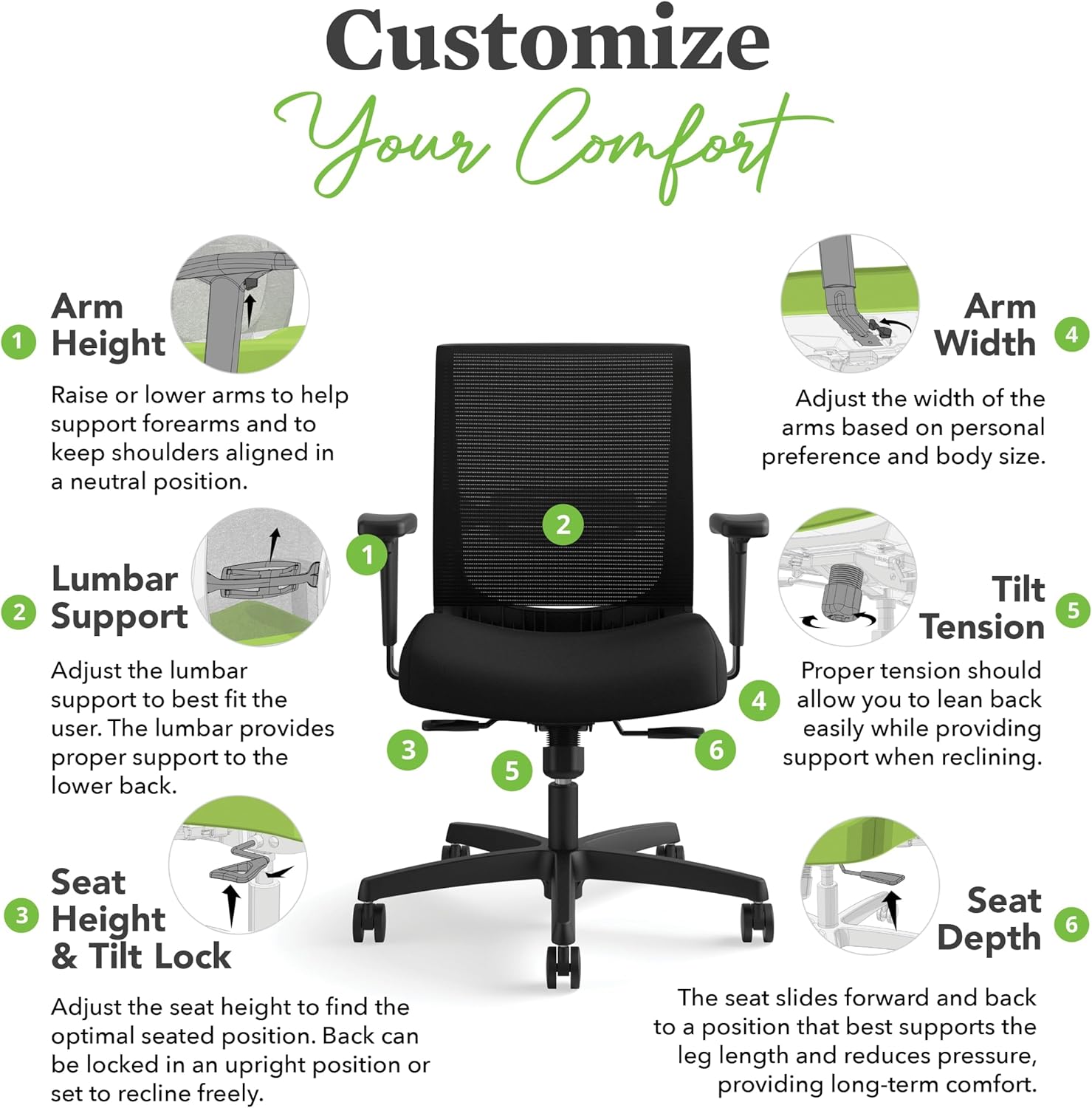 HON Convergence Ergonomic Office Chair, Breathable Back Support Mesh, Adjustable Arms, Computer Chair with Lumbar Support, Rolling Swivel Wheels, Comfortable Synchro-Tilt Recline, Fabric, Bark