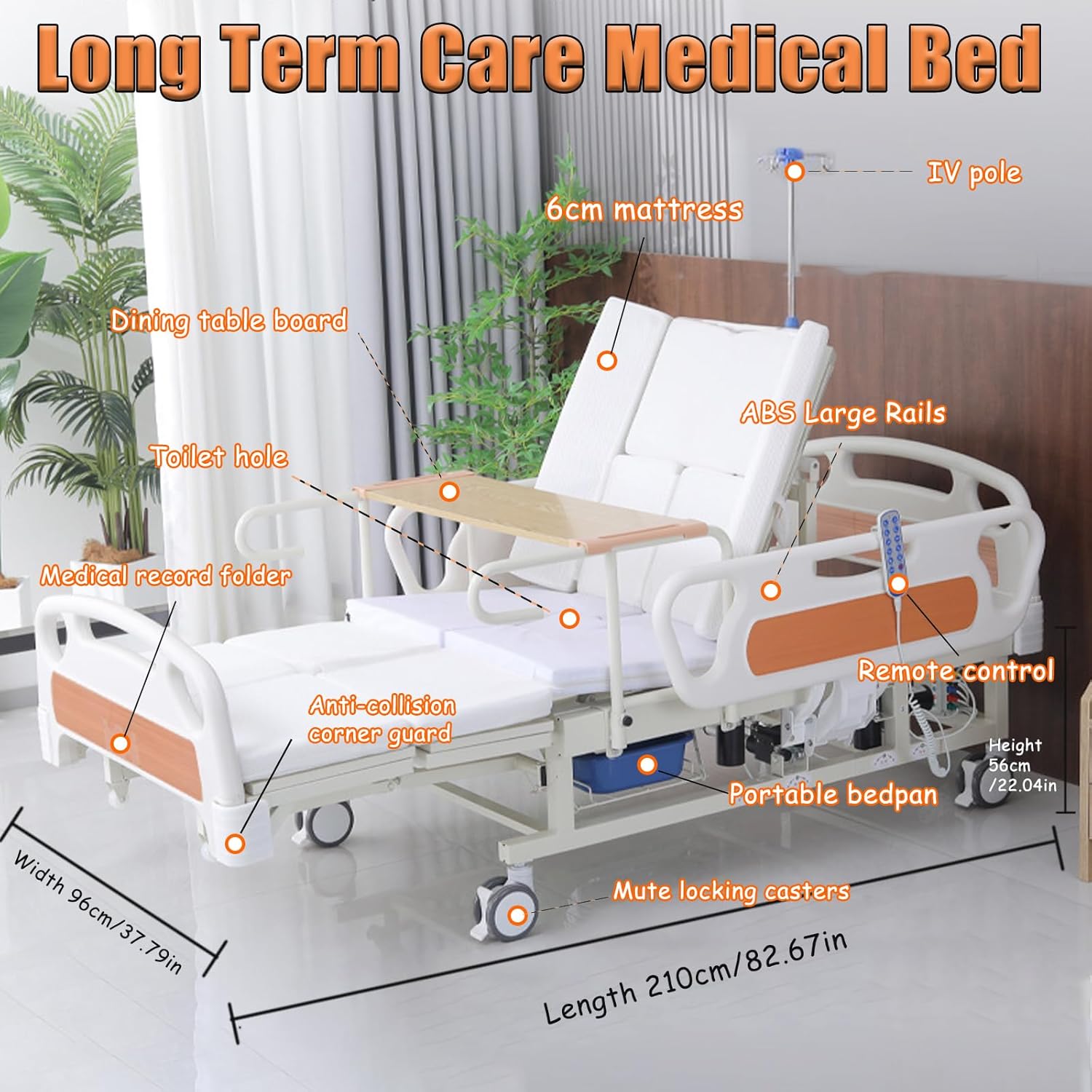 Premium Hospital Bed - 10 Function Full Electric Hospital Bed, 0-45°Timed Side Turn, Electric Medical Bed with Mattress & ABS Rails, Bedpan, Dining Table Board, IV Pole, Casters, Up to 550LBS