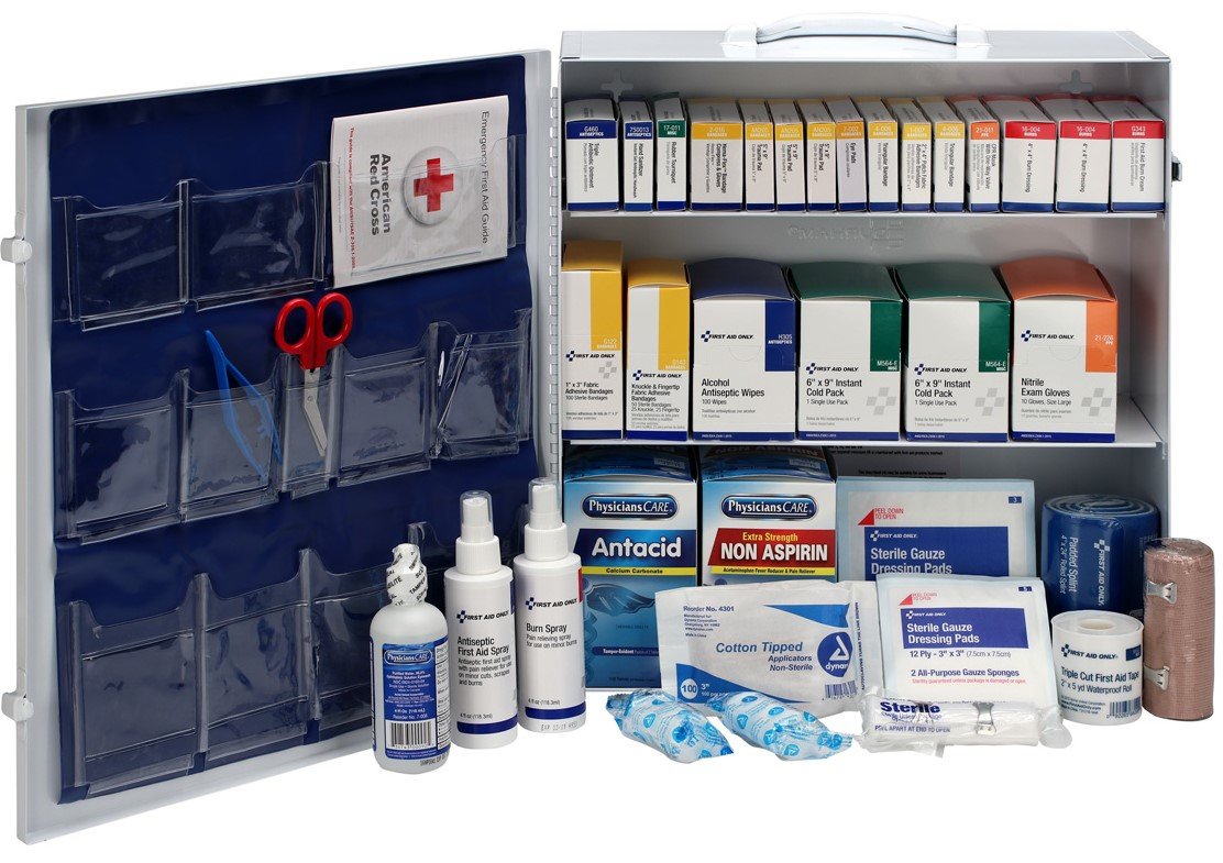 First Aid Only 90575 3-Shelf ANSI B+ and OSHA-Compliant First Aid Kit, 100-150-Person Emergency First Aid Kit for Business and Worksite, First Aid Metal Cabinet with Medications, 676 Pieces
