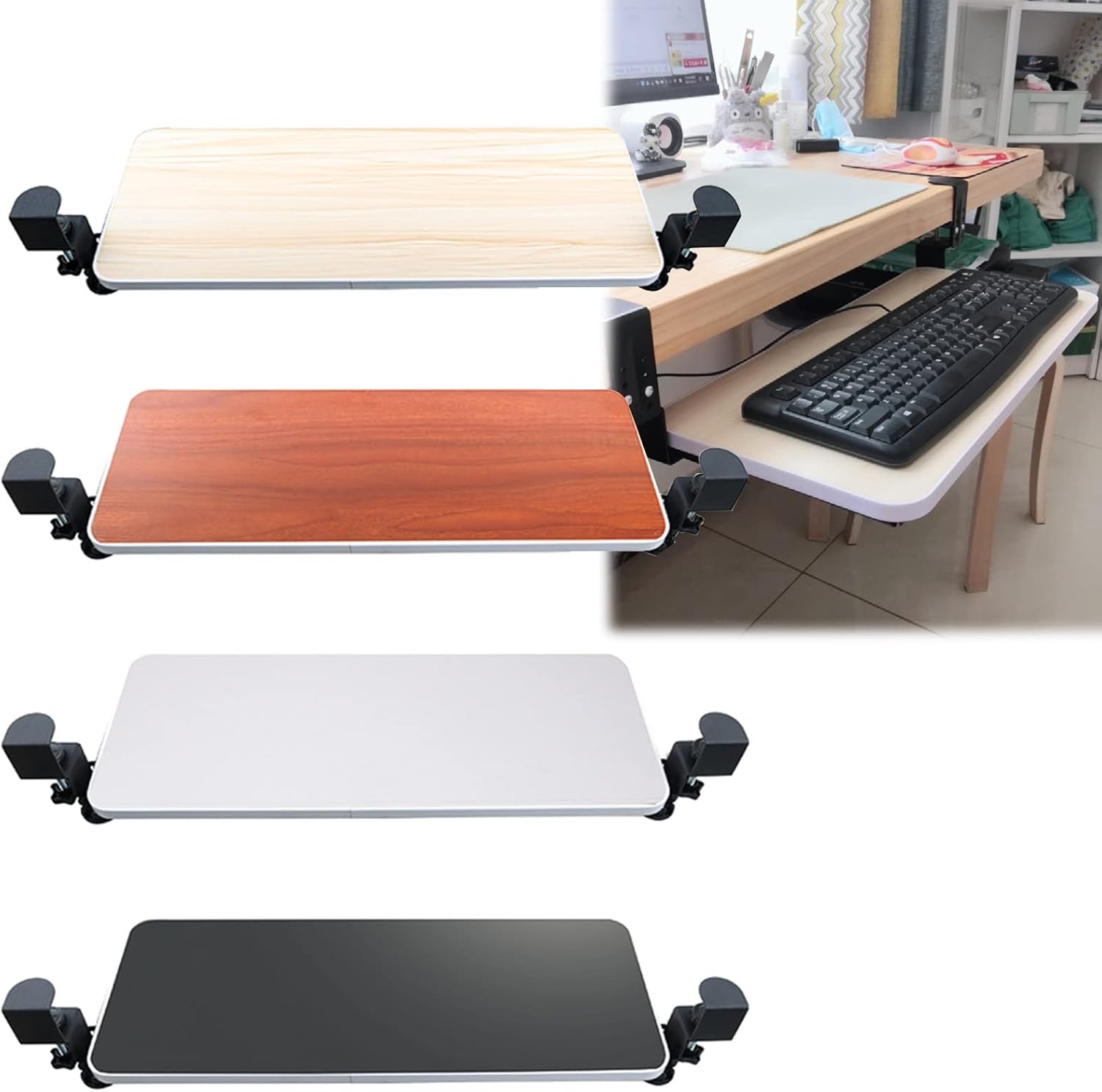 4 Colours Wooden Keyboard Tray Under Desk Storage - Clamp-On - Sliding Keyboard Shelf - Desk Extender Elbow Arm Support, Easy Installation, Ergonomic for Typing/Gaming,Teak-75x25cm(30x10Inch)