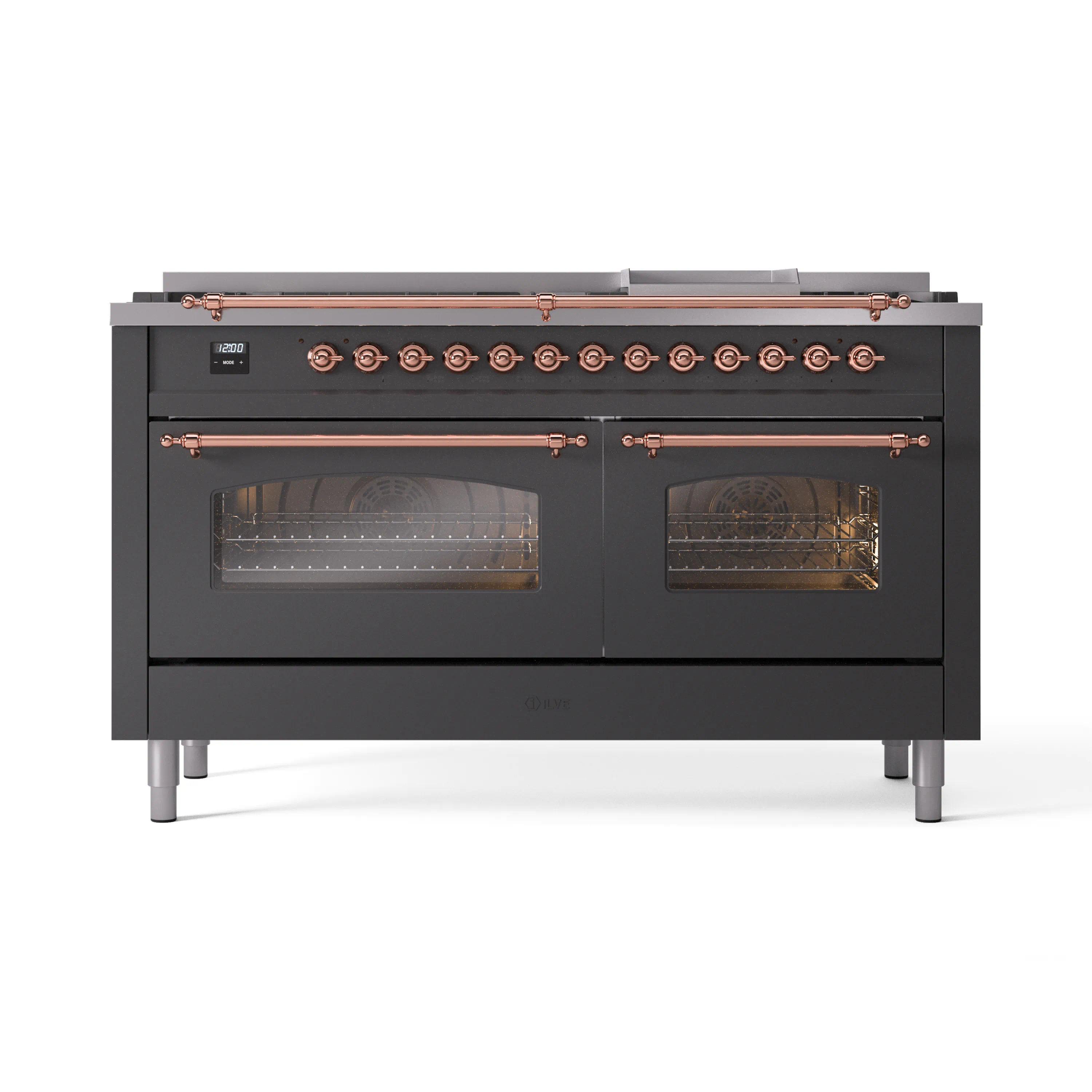 ILVE 60-Inch Nostalgie II Dual Fuel Range with 9 Burners, Griddle and Triple Glass Door Oven in Matte Graphite with Copper Trim (UP60FNMPMGP)