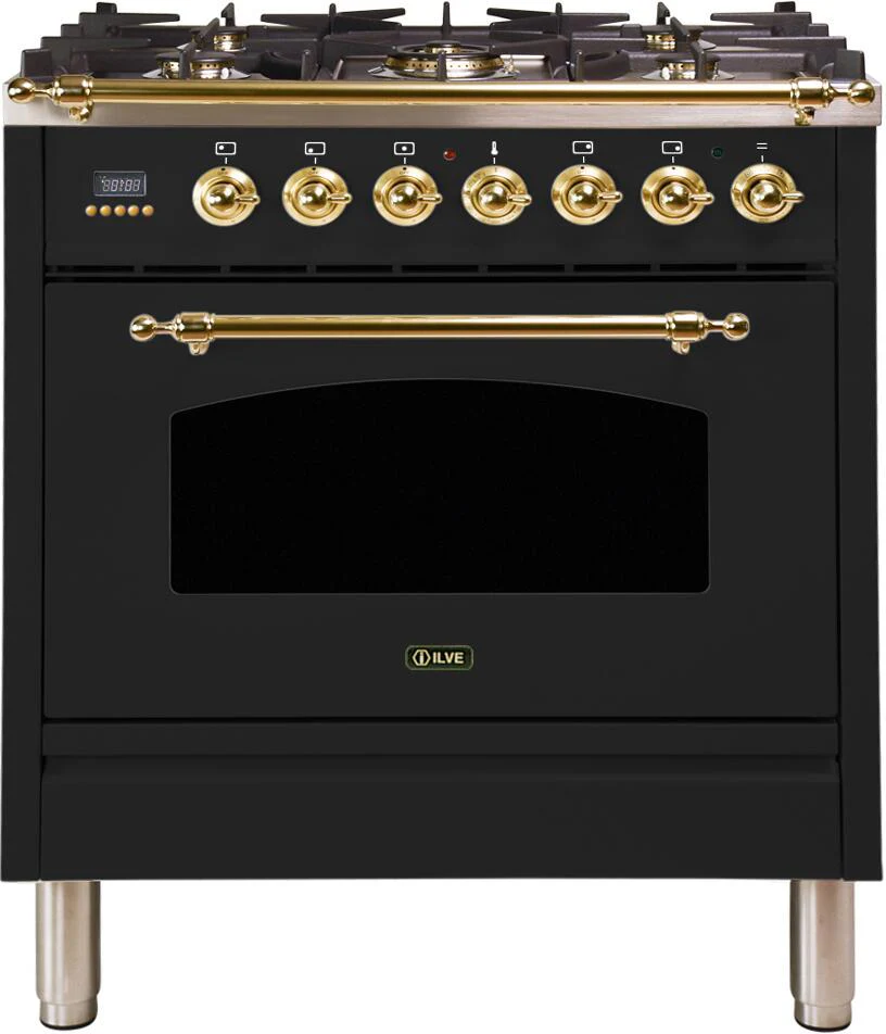 ILVE 30-Inch Nostalgie - Dual Fuel Range with 5 Sealed Burners - 3 cu. ft. Oven - Brass Trim in Matte Graphite (UPN76DMPM)