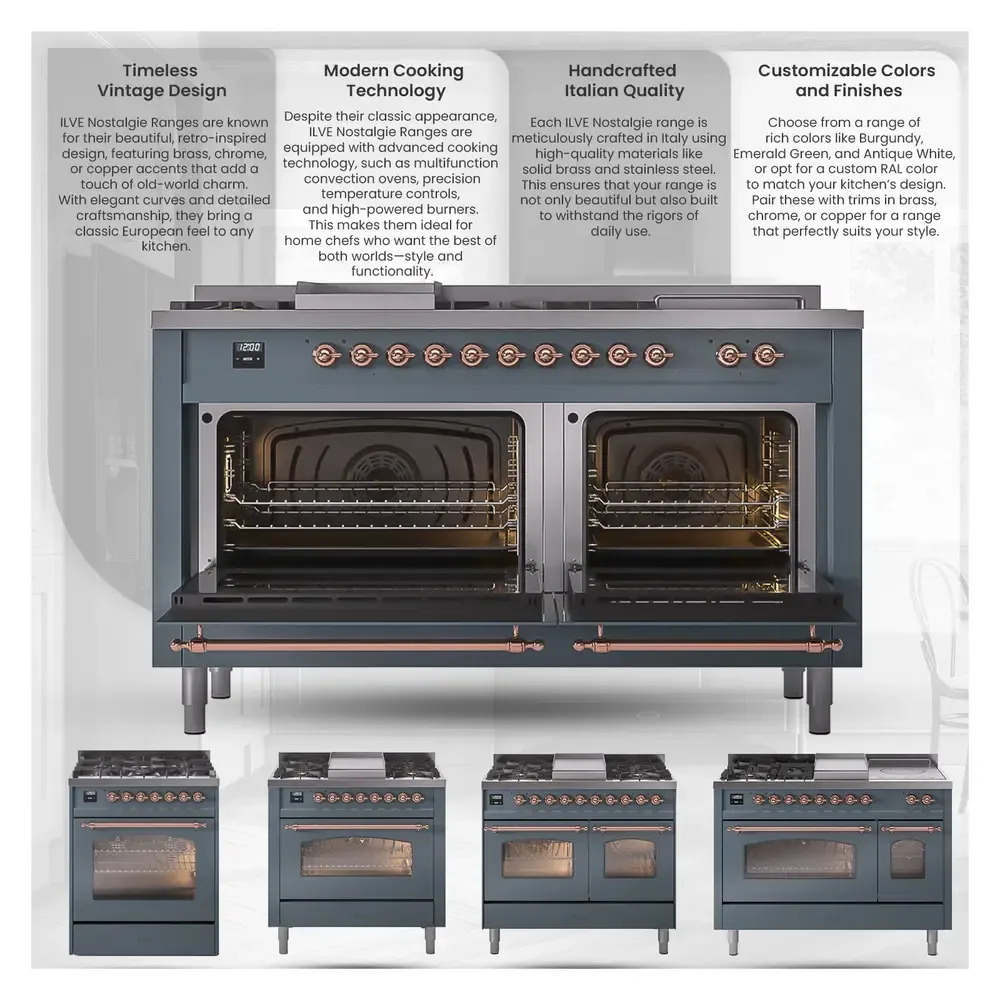 ILVE Nostalgie II Limited Edition 48-Inch Dual Fuel Range with 8 Gas Brass Burners and Electric Oven in White (UP488NMPWHG)