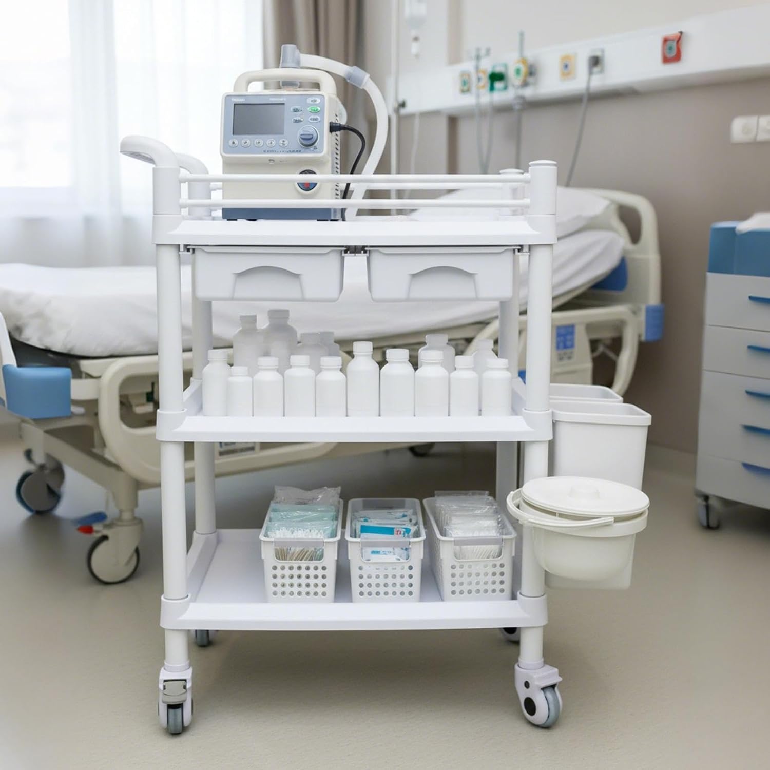 Medical Rolling Cart 3-Tier with Storage Bins, Drawers & Waste Baskets - Mobile Utility Trolley for Clinic, Spa & Hospital (White)