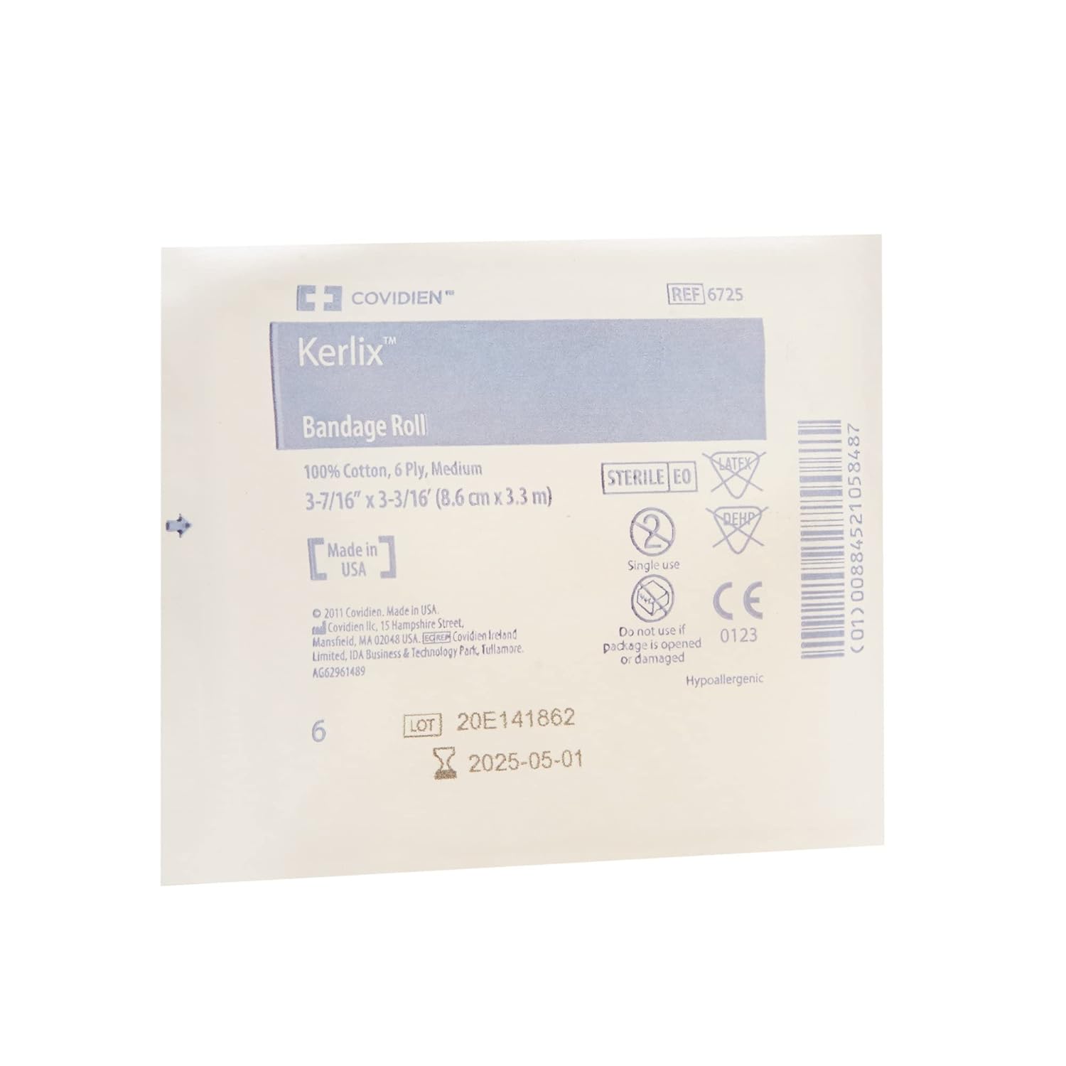 Covidien 6725 Kerlix Bandage Roll, 100% Cotton, 6-Ply, 3-7/16