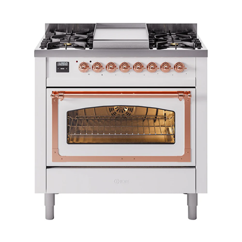 ILVE Nostalgie II Noblesse 36-Inch Dual Fuel Range and Triple Glass Door in White with Copper Trim (UN36FNMPWHP)