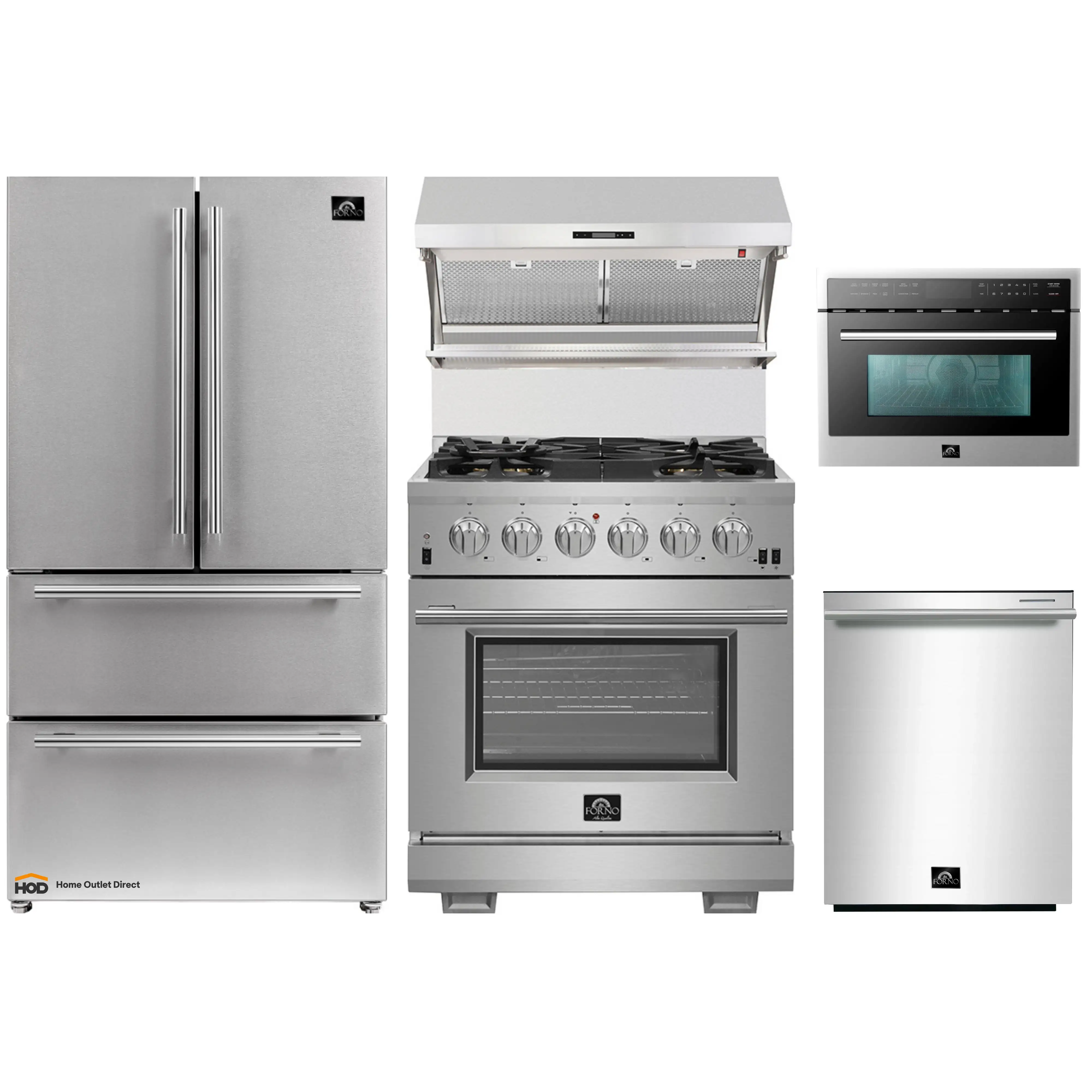 Forno 5-Piece Pro Appliance Package - 30-Inch Gas Range, 36-Inch Refrigerator Wall Mount Hood with Backsplash, 24-Inch Microwave Oven, & 3-Rack Dishwasher in Stainless Steel